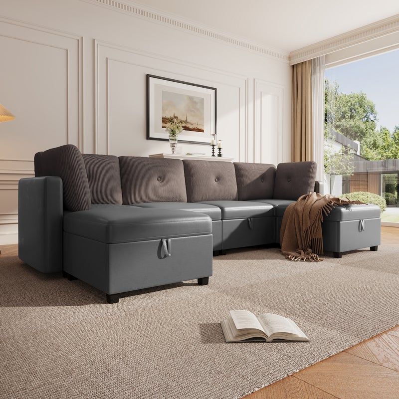 Sofa 6-osobowa w kształcie litery U - z pojemnikiem - wielofunkcyjna sofa rozkładana - aksamit + sztruks - szara