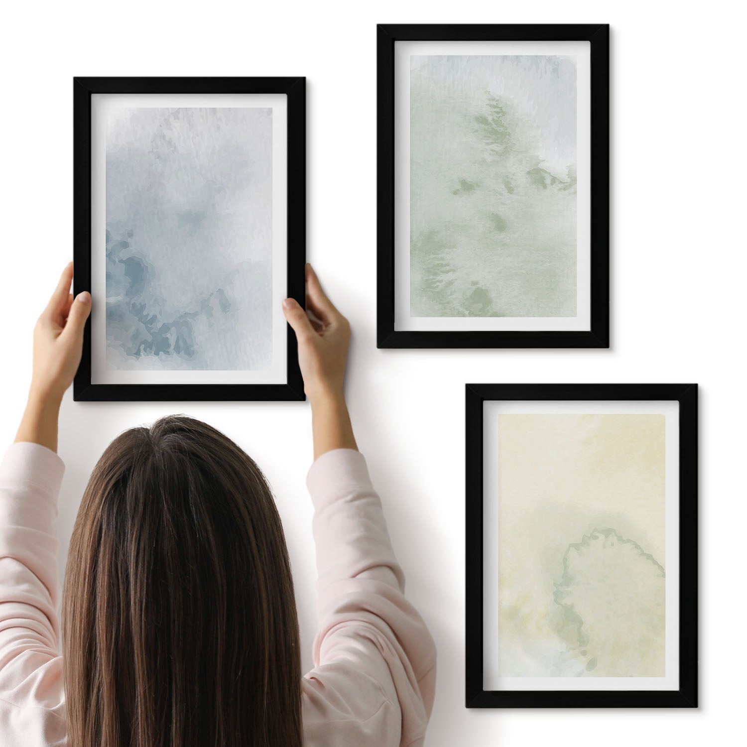 Galeria ścienna 3-częściowy komplet obrazów w czarnych ramach - Pastelolwe farby akwarelowe na płótnie tekstury - ArtPrintCave