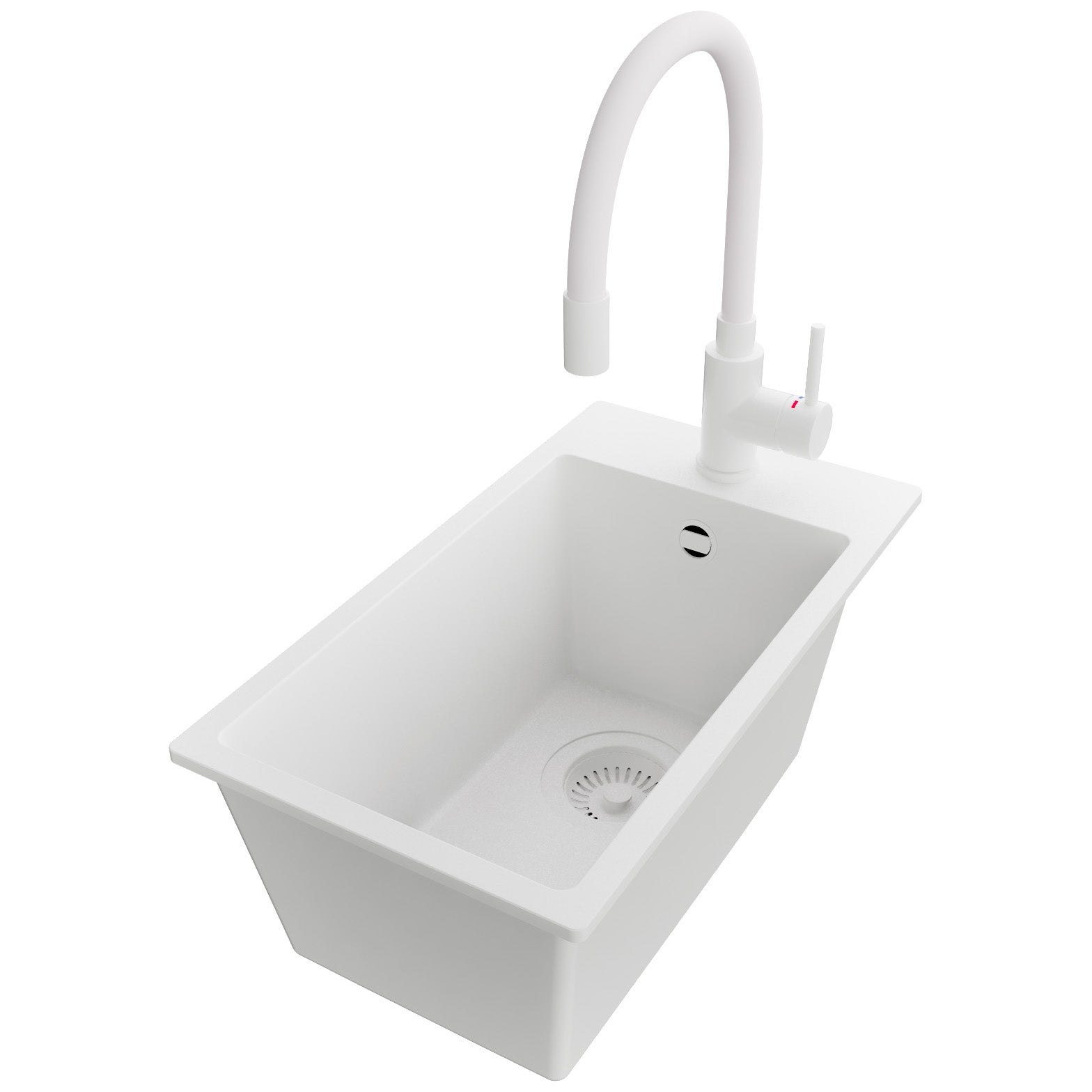 Zlewozmywak Granitowy Cały Biały 28x50cm, Zlew Kuchenny 1 Komorowy + Bateria 38x14cm + Syfon, Nablatowy do szafki od 30cm - Ryga PRIMAGRAN
