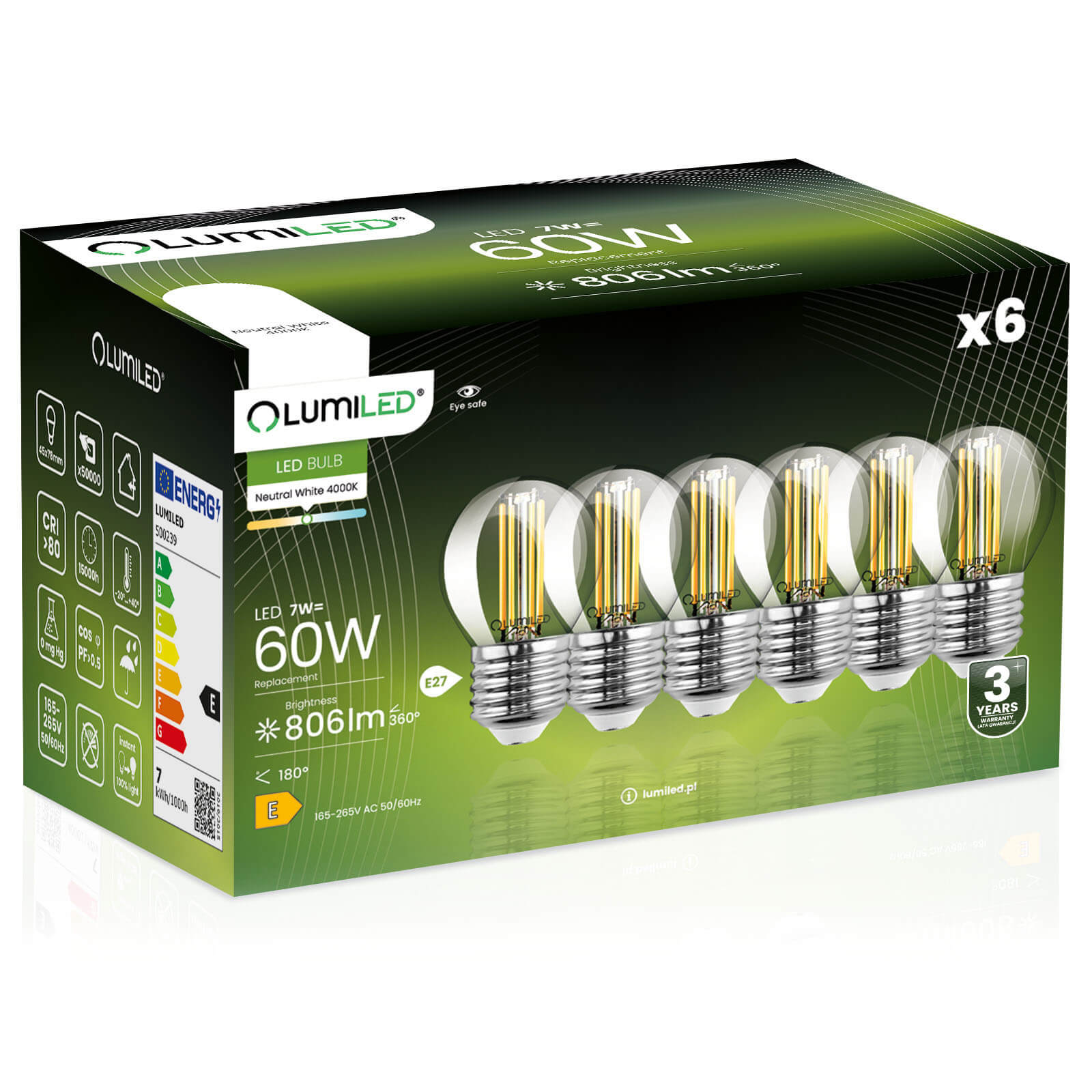 6x Żarówka Lumiled LED E27 Kulka P45 7W = 60W 806lm 4000K Neutralna 360st Filament