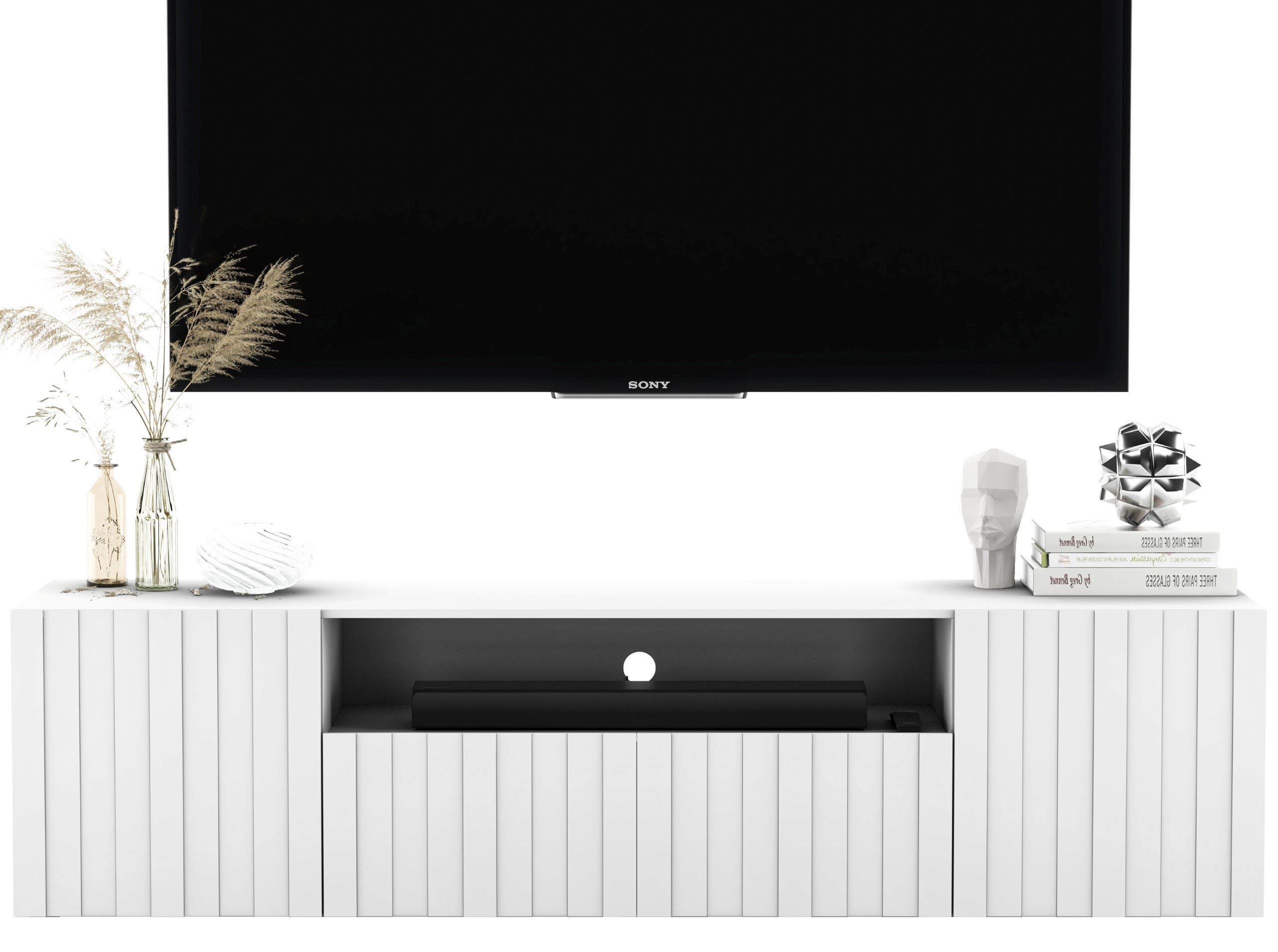 Wisząca szafka RTV Glamour 150 cm biały mat, komoda pod telewizor do nowoczesnego salonu