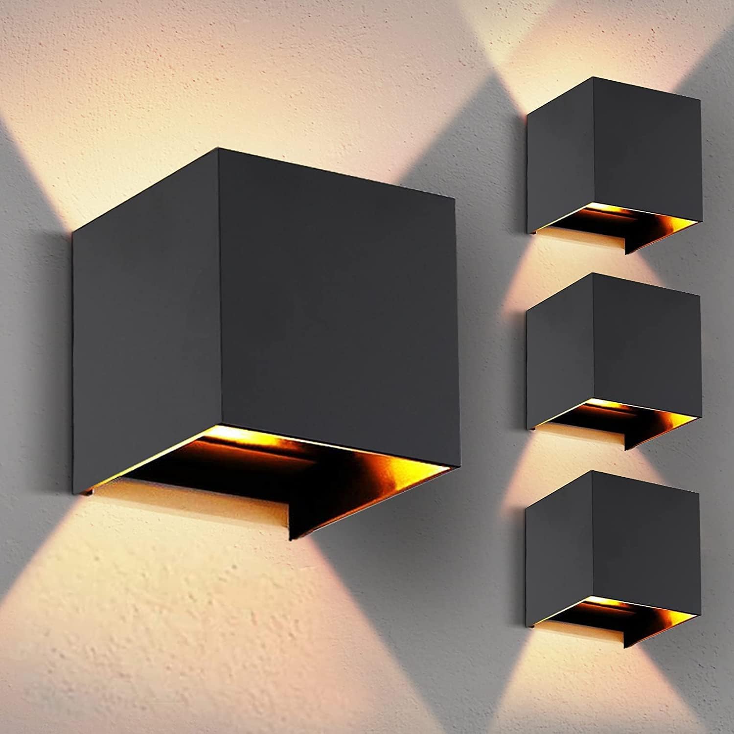 Zestaw 4 kwadratowych lamp ściennych LED do użytku zewnętrznego, wodoodpornych IP65, o ciepłej barwie światła 12 W (czarne)