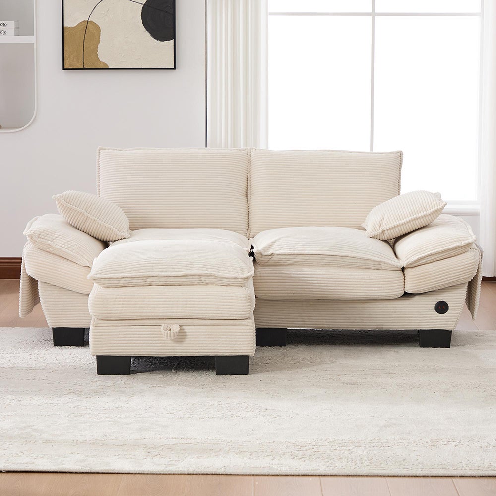 Dwuosobowa sofa z tkaniny w kratę, z podnóżkiem w zestawie, pianka o wysokiej gęstości, port USB-C i kieszenie boczne, beżowa