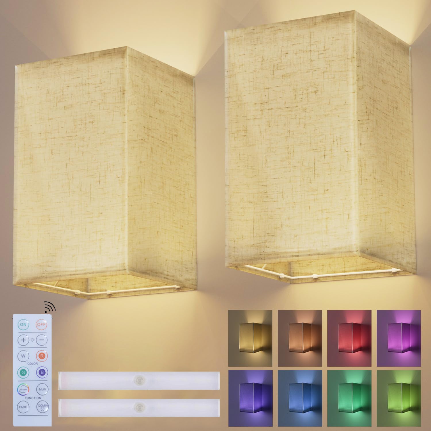 Zestaw 2 kinkietów na baterie, kinkiety z pilotem, kinkiety LED ze ściemniaczem, 16 kolorów RGB (kostka)