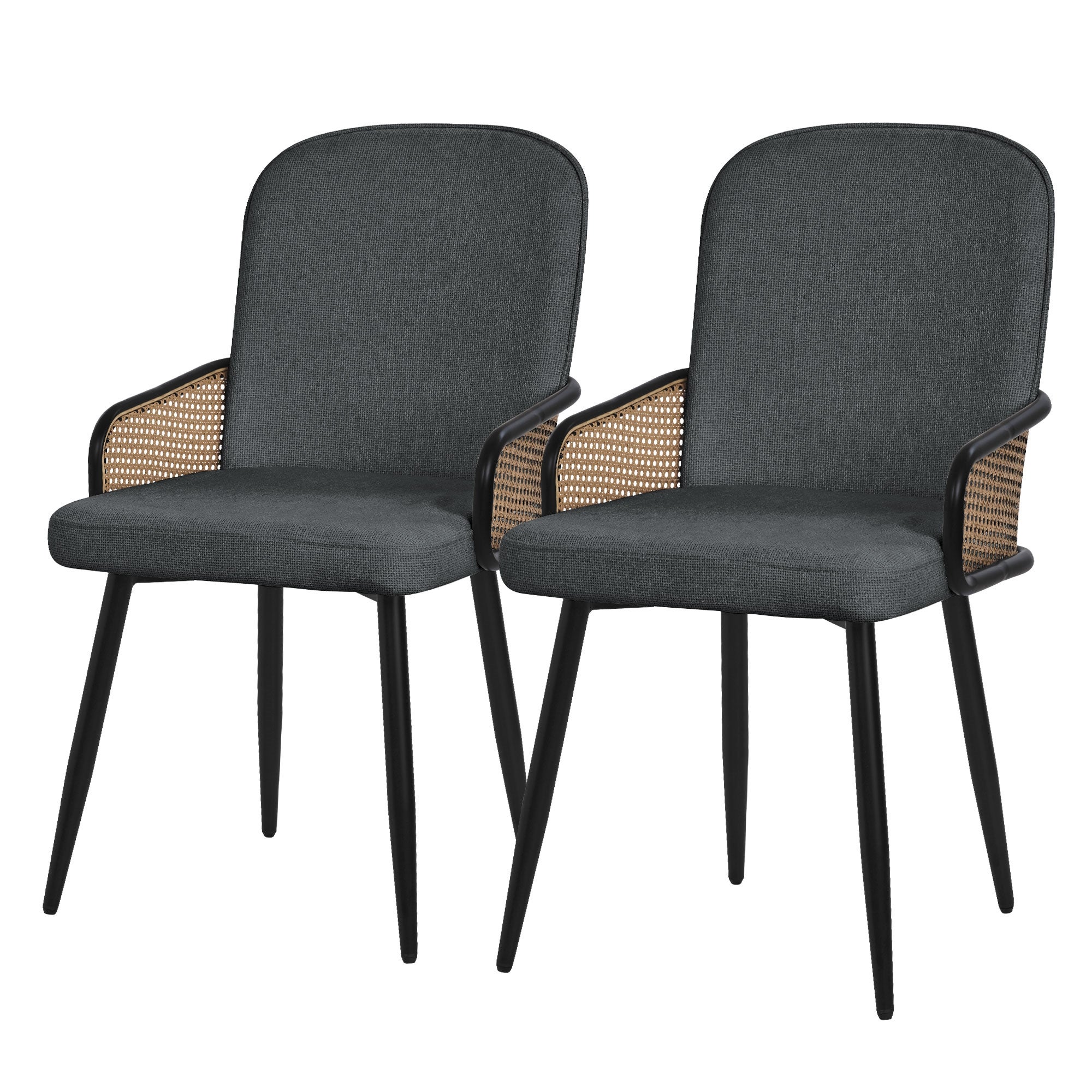 ML-Design zestaw 2 krzeseł tapicerowanych antracyt do jadalni i kuchni ergonomiczne z podłokietnikami imitacja rattanu metalowe nogi komfortowe