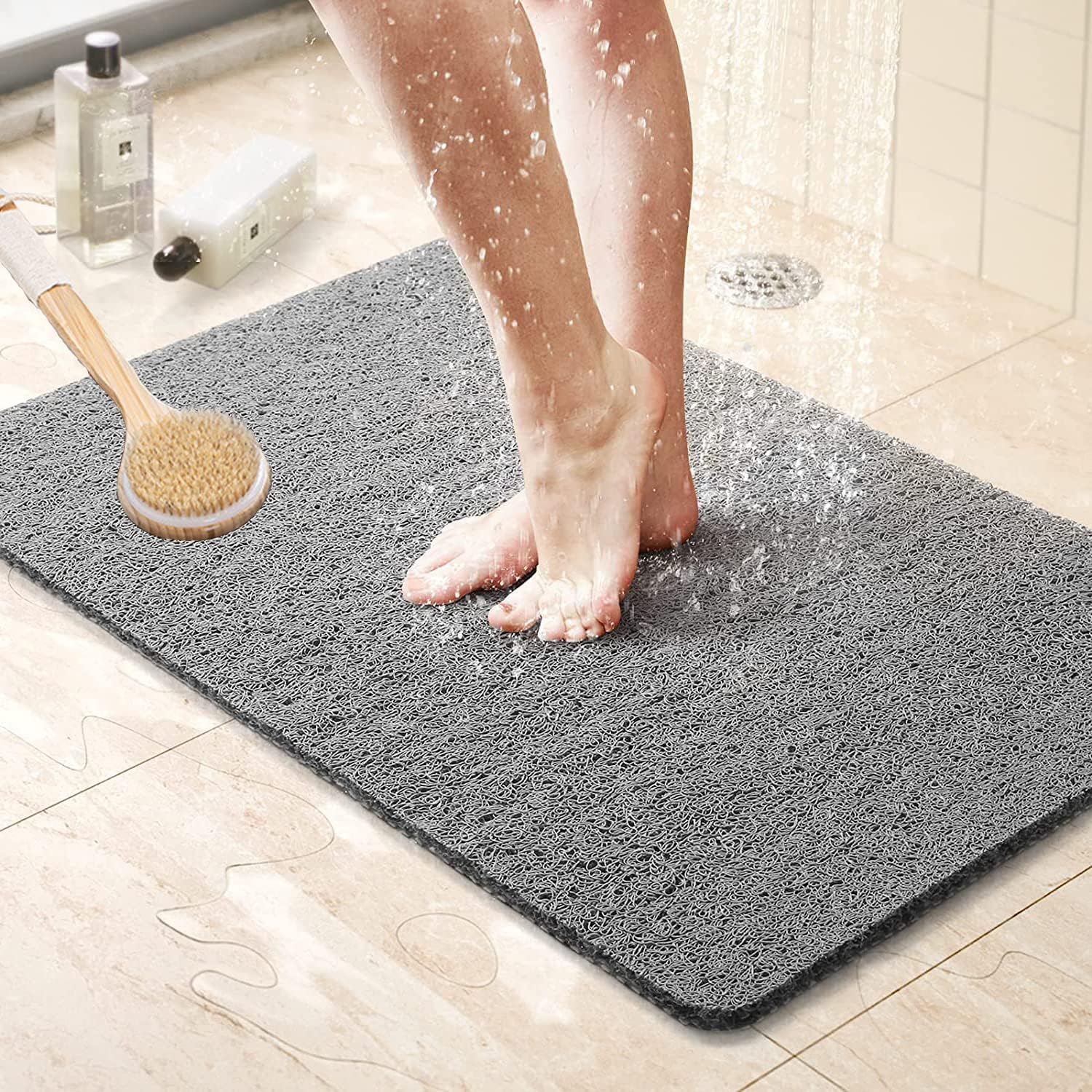 Mata łazienkowa prostokątna antypoślizgowa, 60 x 40 cm, materiał luffa, z funkcją drenażu, odpowiednia do podłóg mokrych i śliskich (szara)
