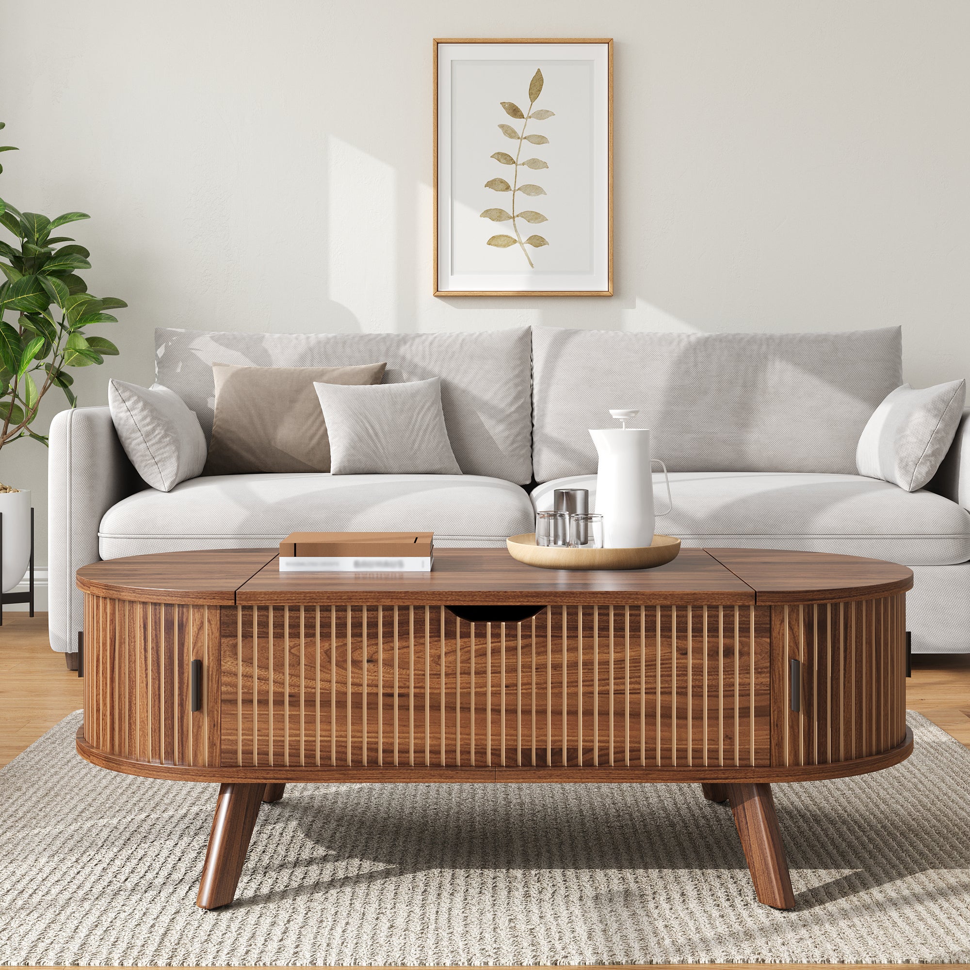 Owalny stolik kawowy z podnoszonym blatem i 2 ryflowanymi, przesuwnymi drzwiczkami – MDF i drewno kauczukowe – 110 x 50 x 53,5 cm – Kolor orzecha