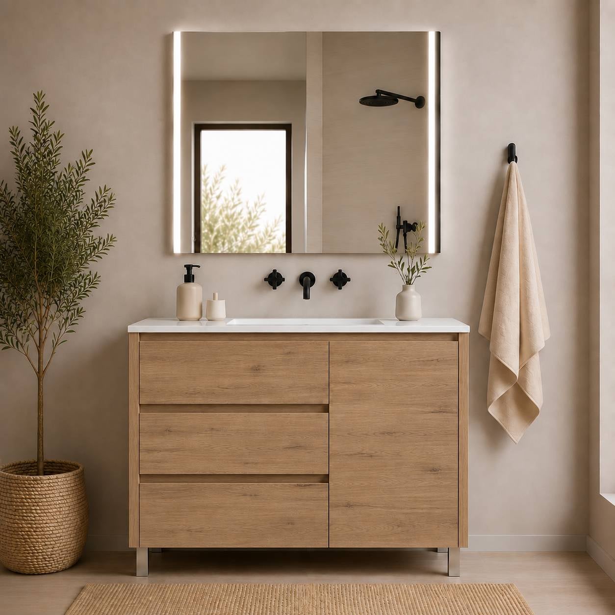 Szafka łazienkowa z 3 szufladami, drzwiami i umywalką ORIGENBATH VOLUM bez lustra 100x40 cm estepa