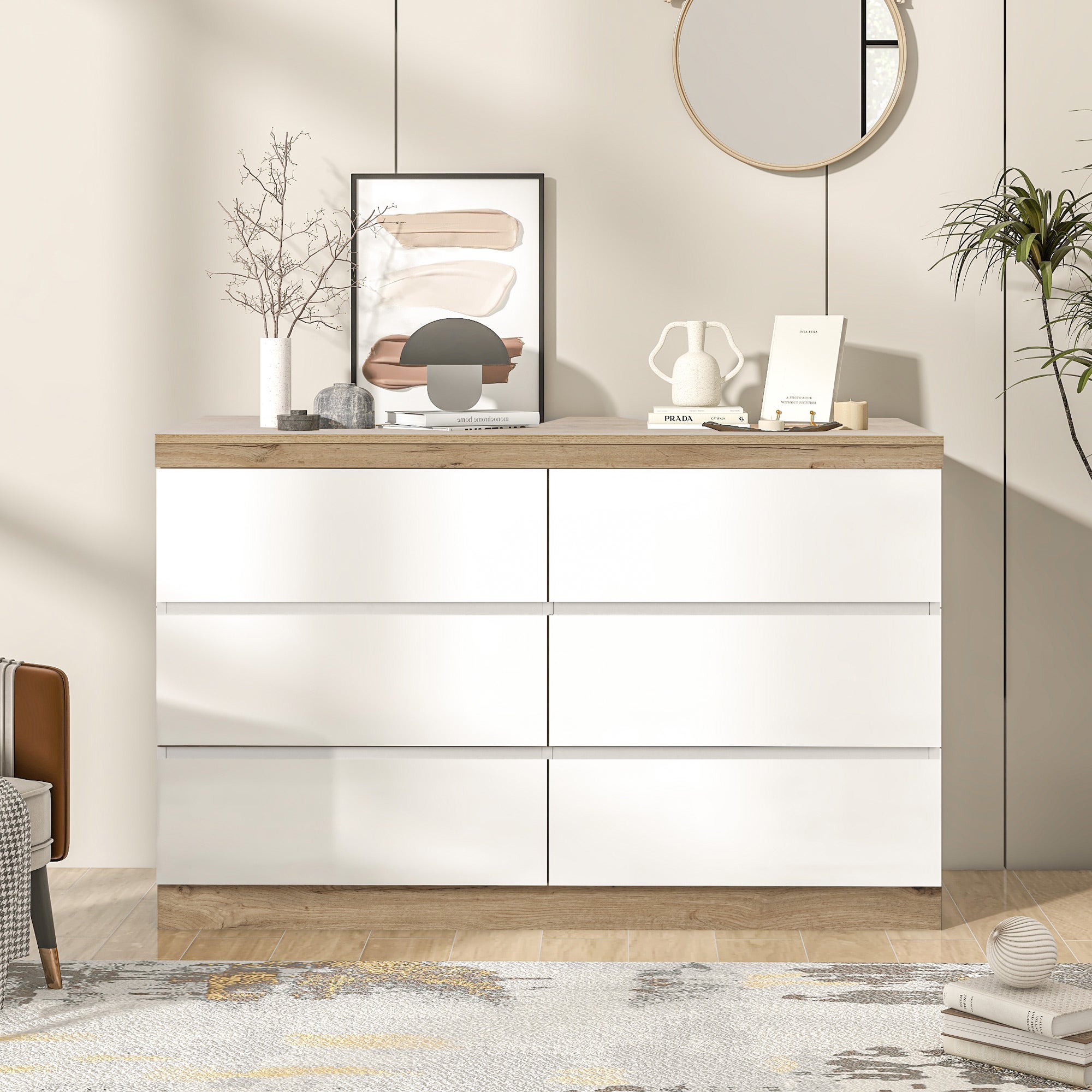 Komoda z 6 szufladami, szafką, płyta wiórowa E1, funkcją przechowywania, do sypialni i salonu, biały+dąb[ ], Rozmiar produktu