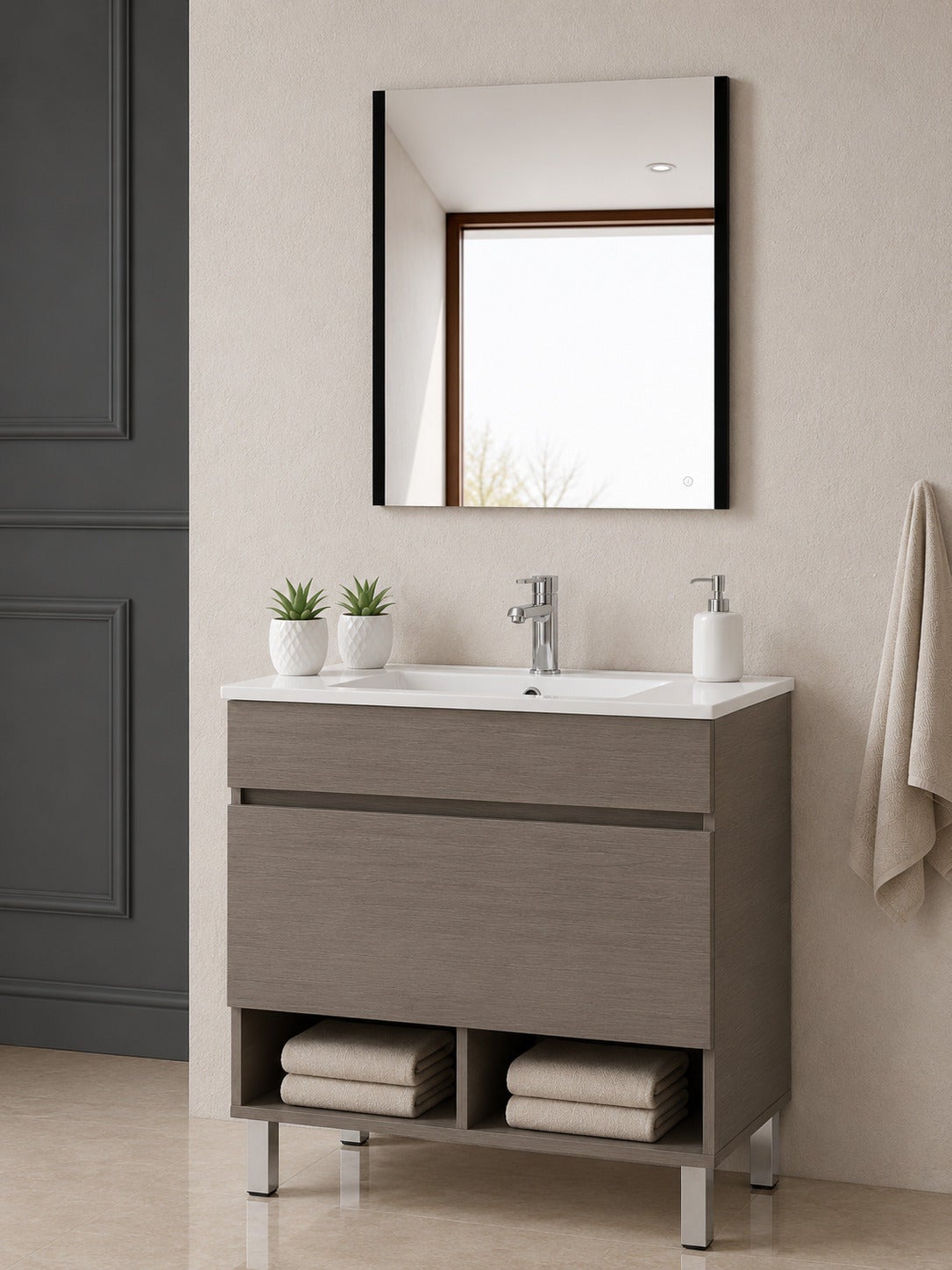 Szafka łazienkowa na nóżkach z umywalką ORIGENBATH NEBARI na nóżkach z szufladą 100x40 cm dąb smoky