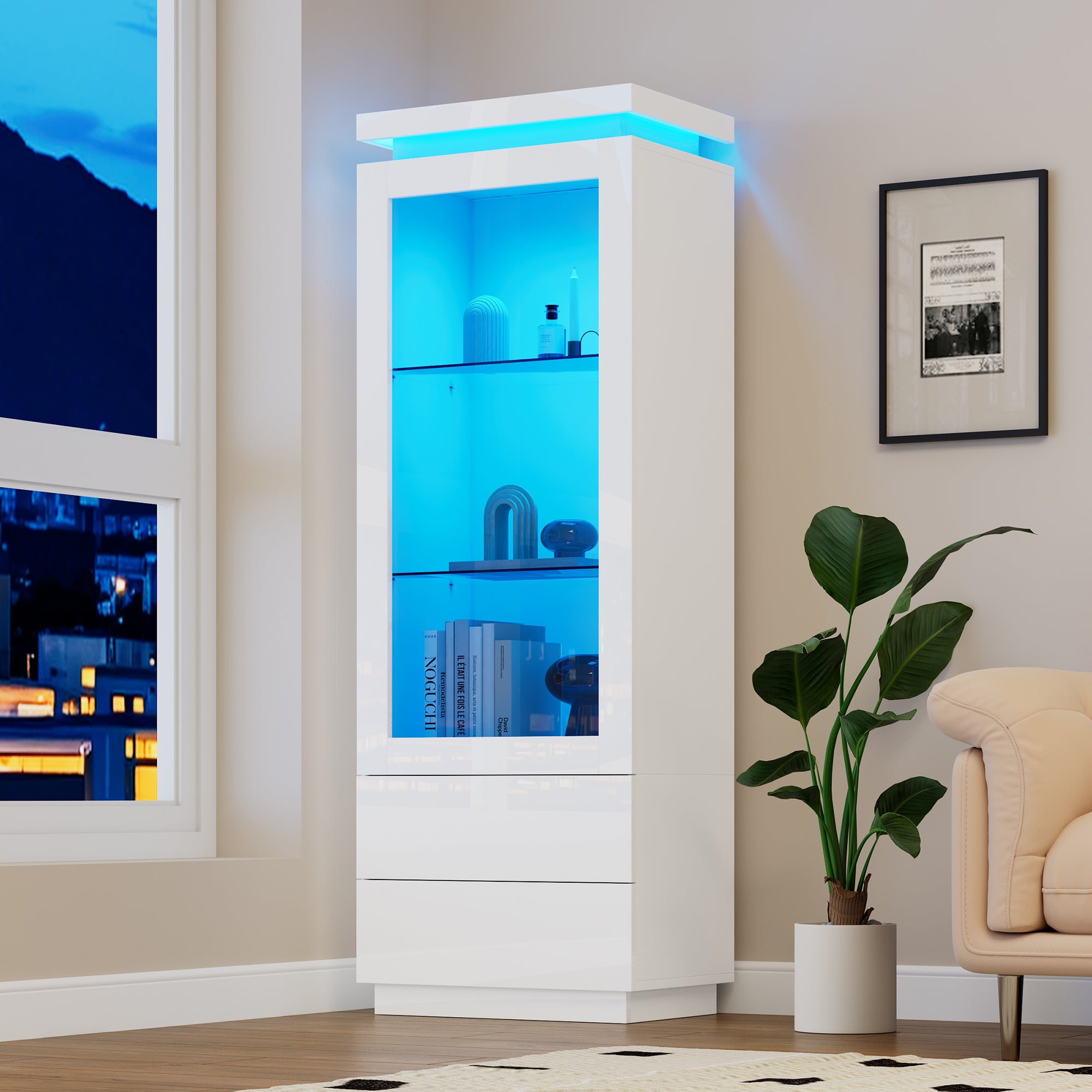 Witryna z 2 szufladami i 1 drzwiami szklanymi - 60 x 40 x 171 cm - Diody LED - Płyta wiórowa - Kolor biały