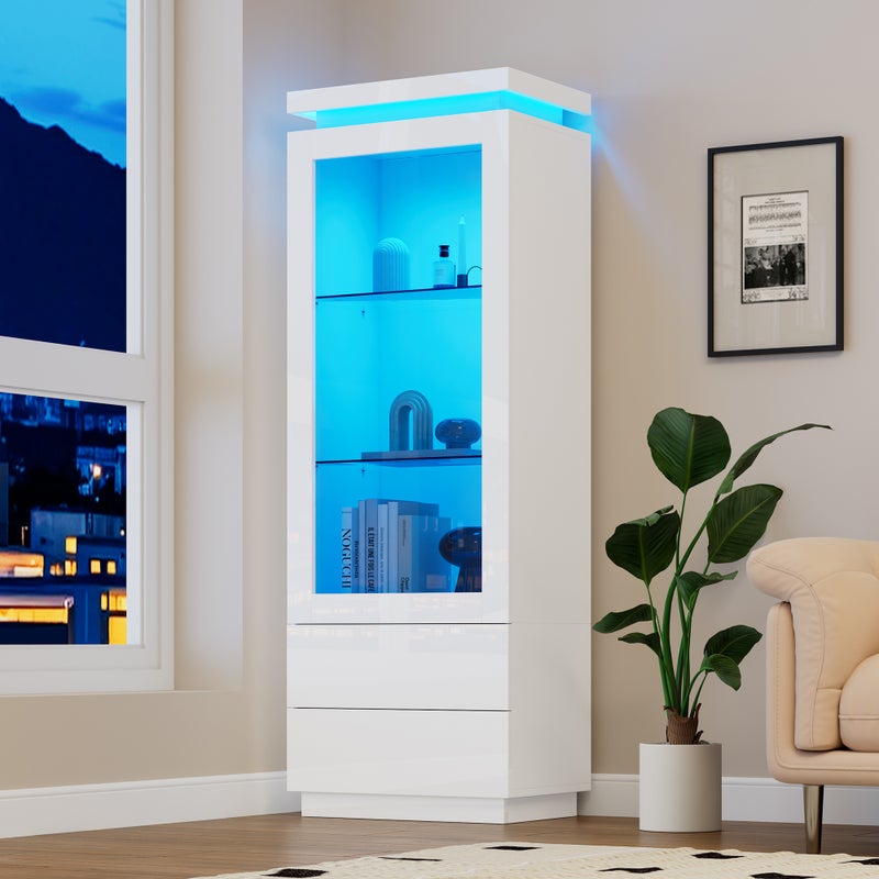 Witryna z 2 szufladami i 1 drzwiami szklanymi - 60 x 40 x 171 cm - Diody LED - Płyta wiórowa - Kolor biały