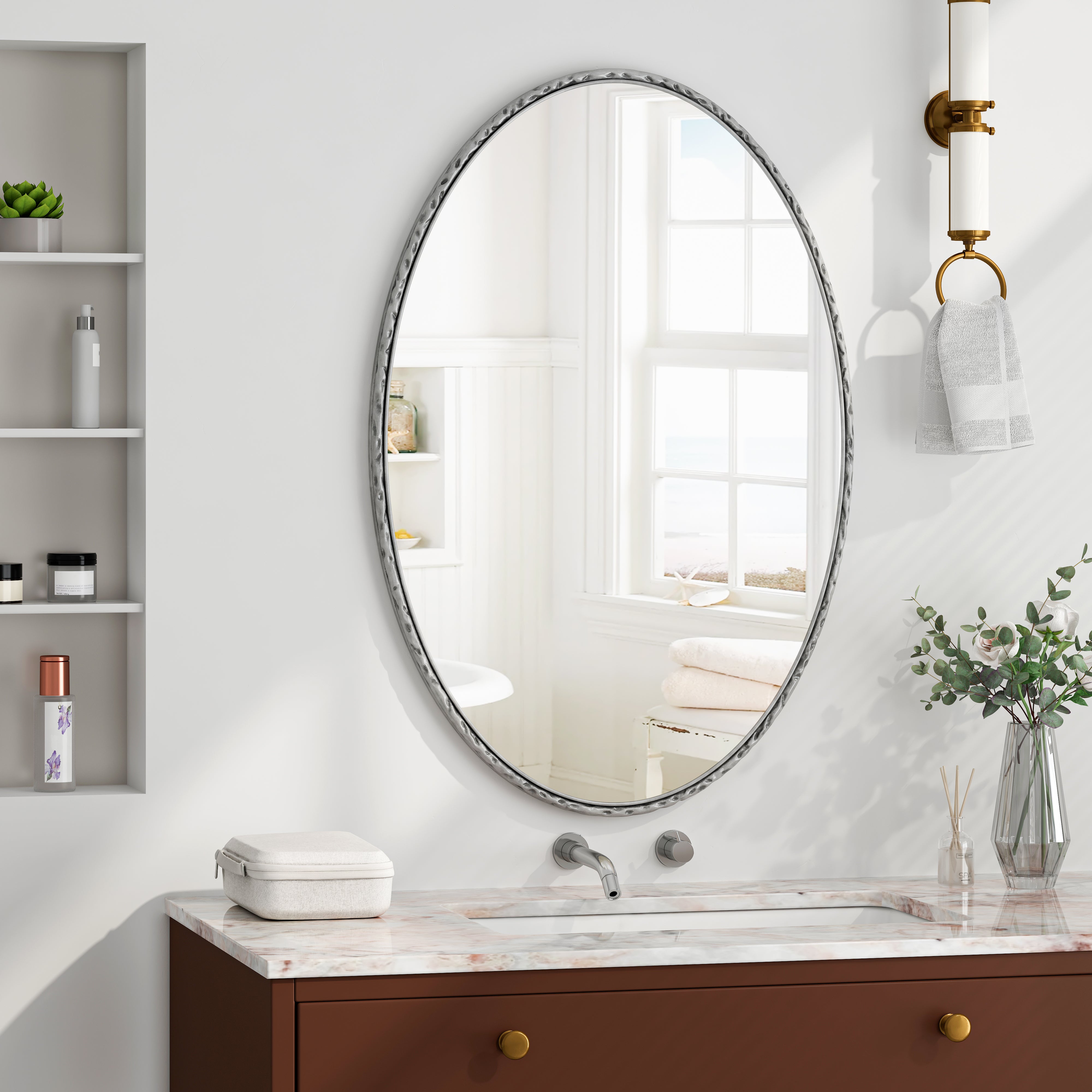 Lustro ścienne do łazienki 100x65cm Lustro toaletowe ozdobne łukowate do salonu, sypialni i przedpokoju owalne Srebrny