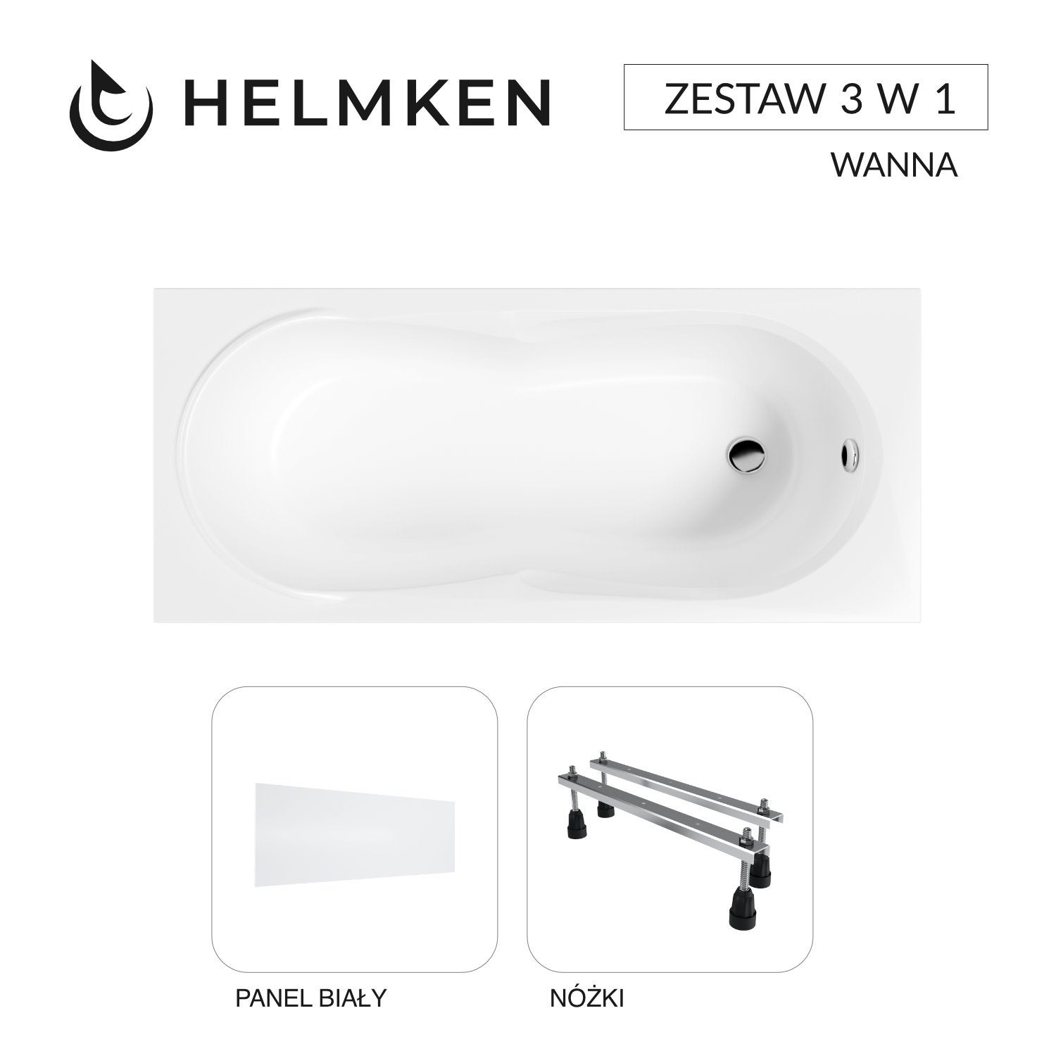 Wanna akrylowa Helmken Celeste 170x75 z akrylu lanego ze wzmocnionym korpusem + Panel biały + Nóżki / 35060075