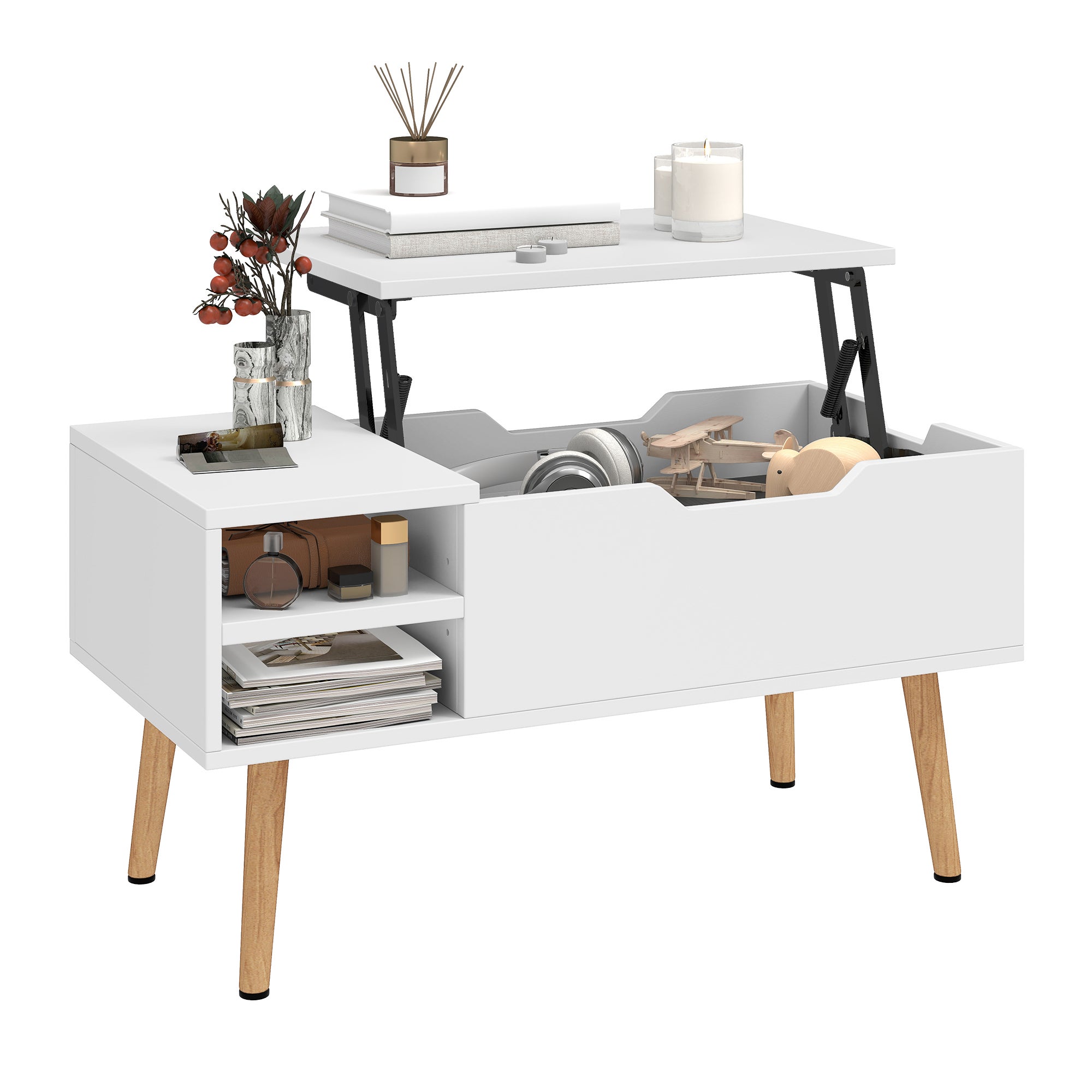 YITAHOME – stolik z podnoszonym blatem, ukrytym schowkiem i regulowaną półką – 80 x 40 x 61,5 cm – biały