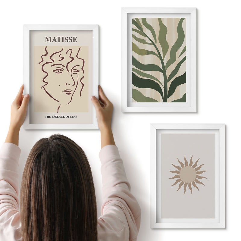 Galeria ścienna 3-częściowy komplet obrazów w białych ramach - Abstrakcyjne wzory roślinne i linie w stonowanej kolorystyce - ArtPrintCave