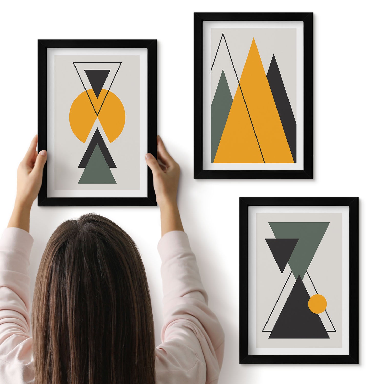 Galeria ścienna 3-częściowy komplet obrazów w czarnych ramach - Abstrakcyjne kształty geometryczne - ArtPrintCave