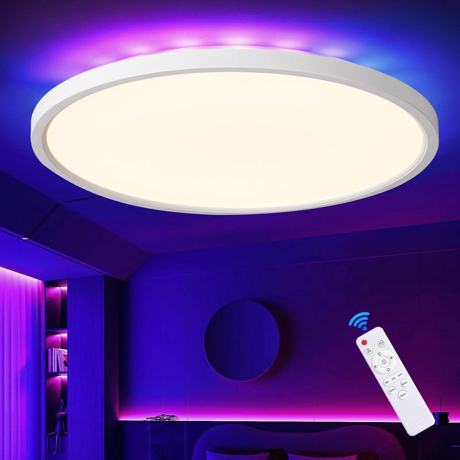 Oświetlenie sufitowe LED RGB 30 cm, 3200 lm, ściemnialne do 3000–6500 K, pilot zdalnego sterowania, timer, pamięć, oświetlenie nastrojowe, do sypialni