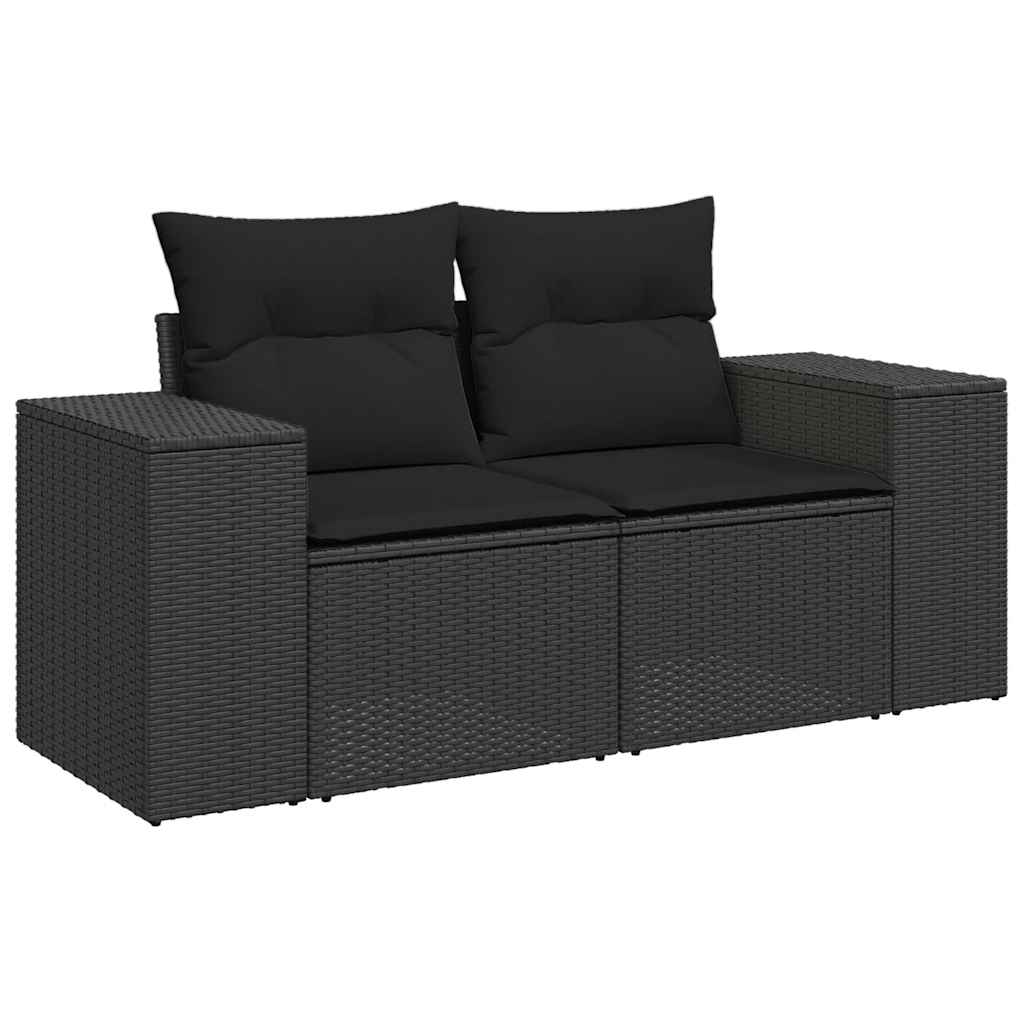 Sofa Ogrodowa 2-Osobowa Czarna z Polirattanu z Czarnymi Poduszkami