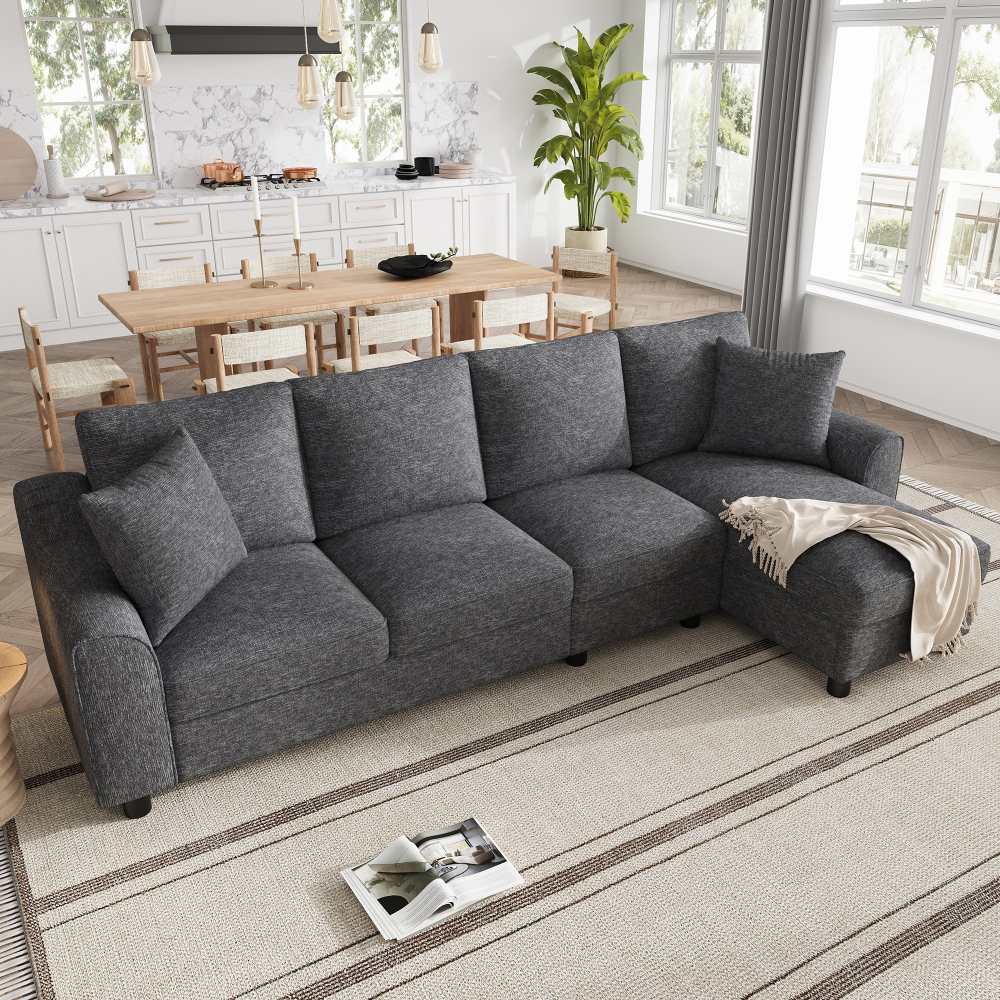 4-osobowa narożna sofa Chenille z szezlongiem, schowkiem, odchylanymi oparciami i uchwytami na kubki