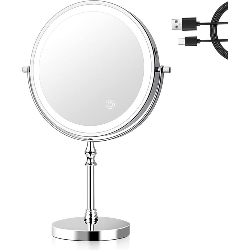 8-calowe podświetlane lustro do makijażu z trójkolorowym światłem, powiększeniem 1x/10x, ładowaniem przez USB i obrotowym o 360° lusterkiem biurkowym