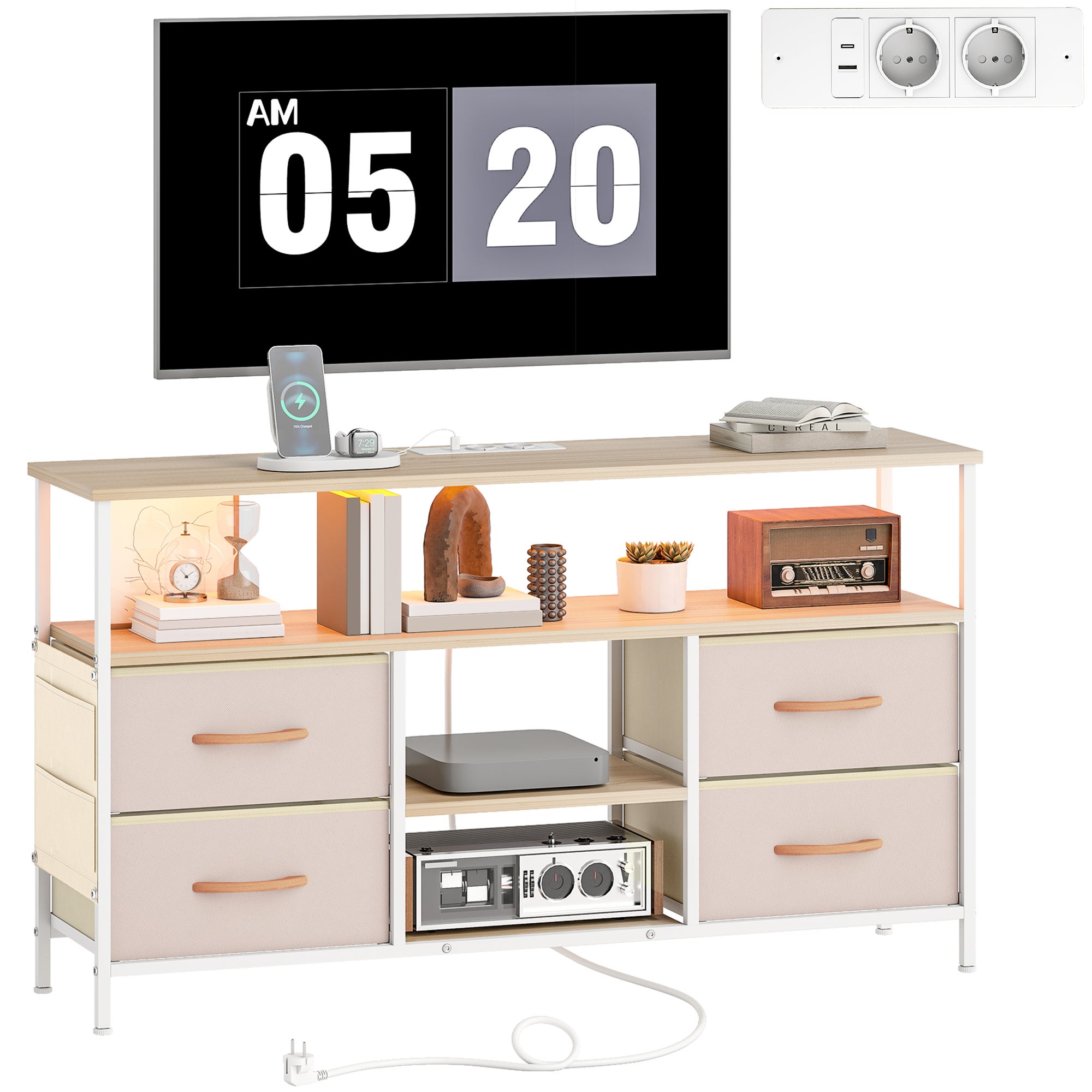 Stolik pod TV z oświetleniem LED i portami USB, otwarte półki, 4 składane szuflady, 120x30x67,5 cm, beżowo-biały
