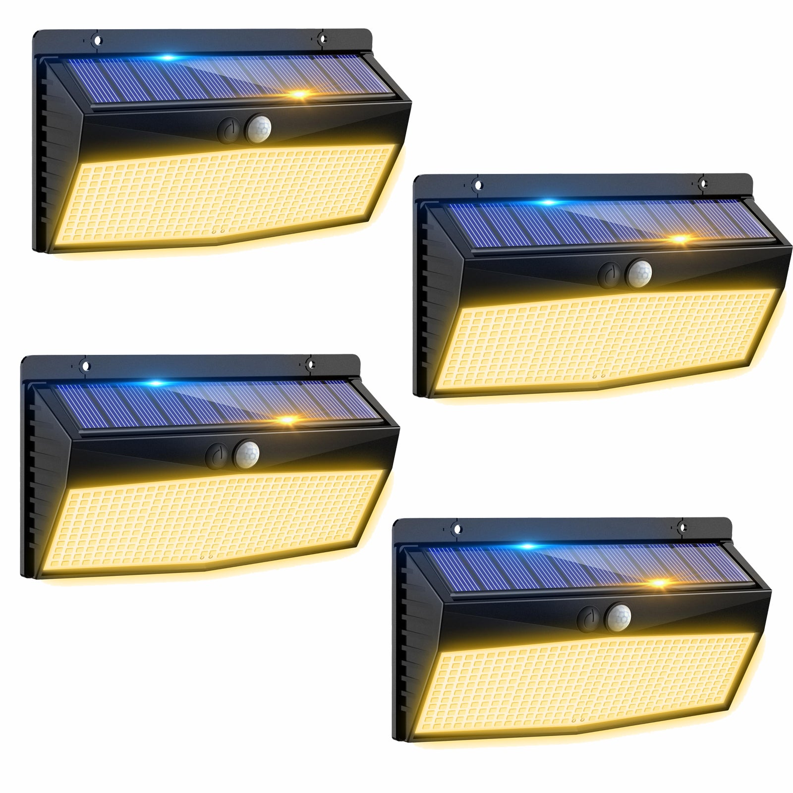 Zestaw 4 zewnętrznych lamp solarnych z czujnikiem ruchu, 368 diod LED, wodoodporność IP65, ciepła biel