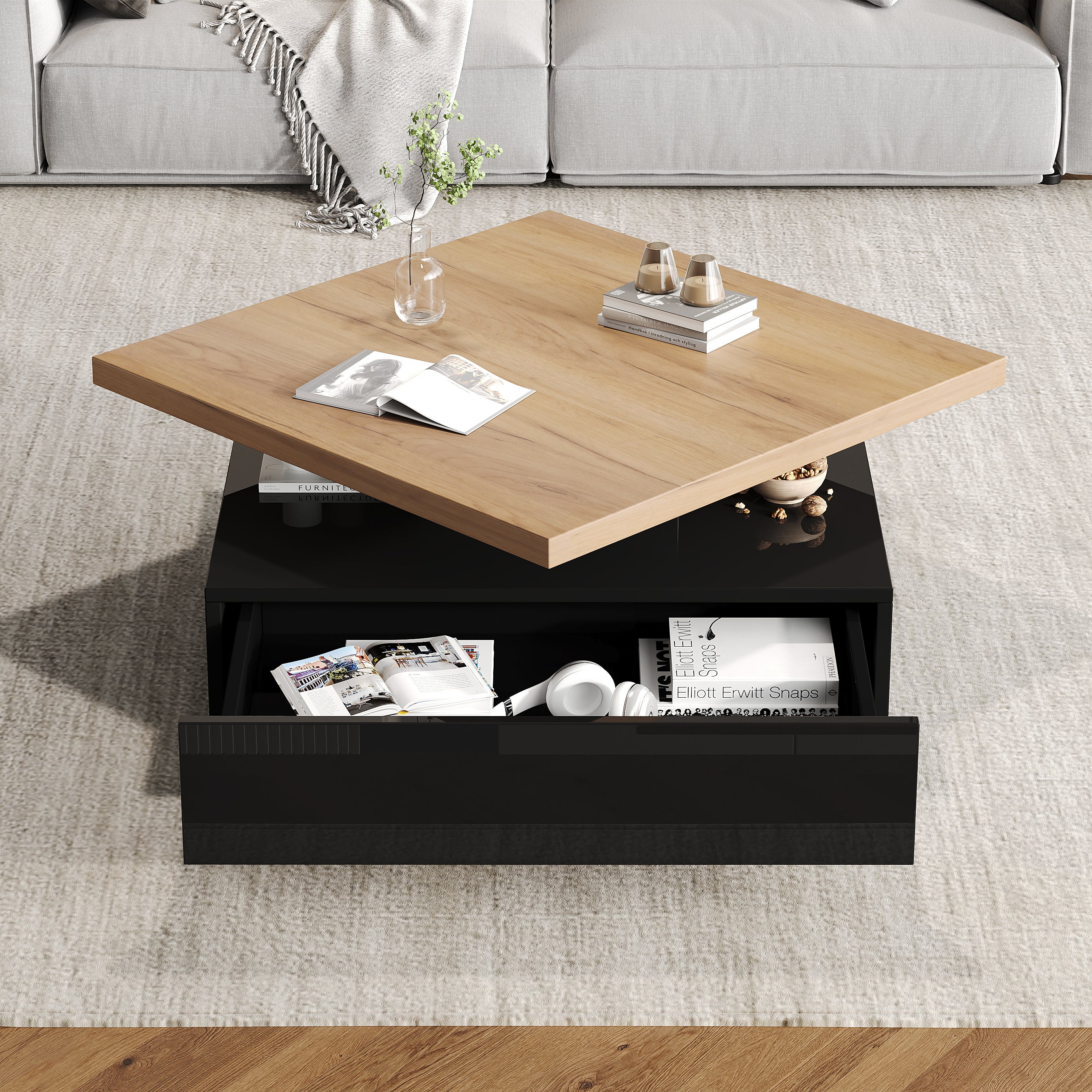 Kwadratowy stolik kawowy obrotowy 360° - 70x70x36cm - 1 szuflada - Konstrukcja dwupoziomowa - Czarny + kolor naturalny
