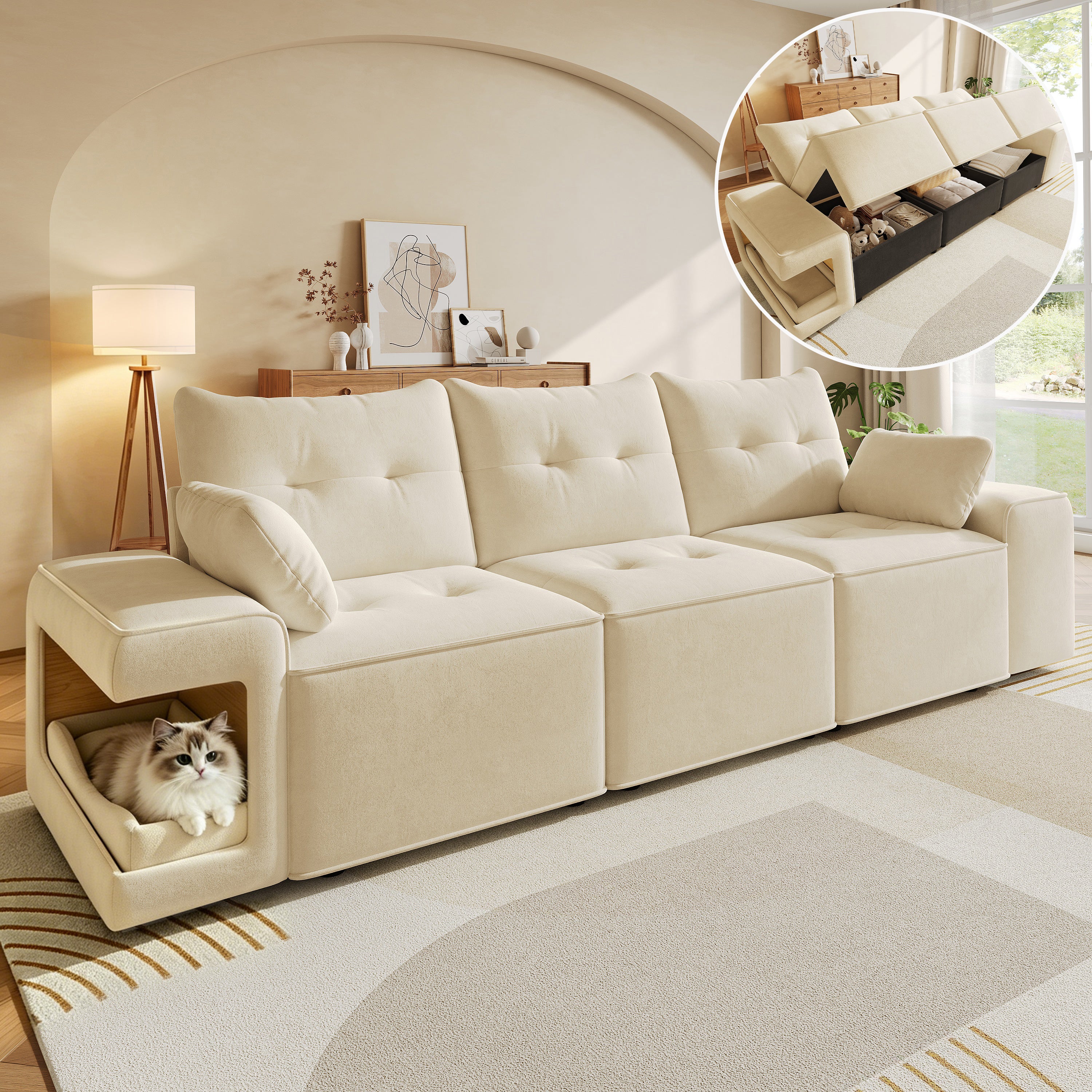 Modułowa sofa 3-osobowa ze schowkiem i wnękami dla zwierząt - 229,5 x 78 x 84 cm - Lite drewno, pianka i aksamit - Beżowy