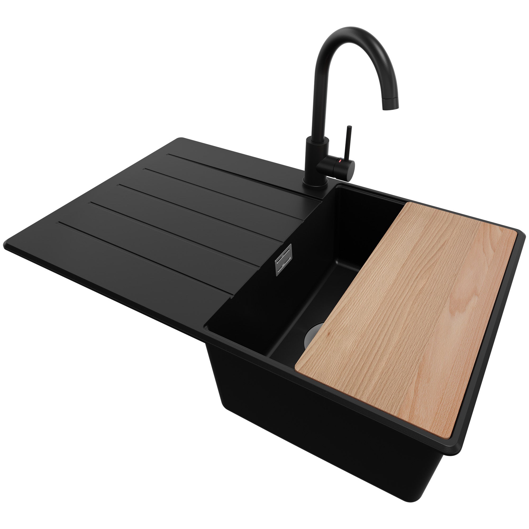 Zlewozmywak Granitowy Czarny 78x50cm, Zlew Kuchenny 1 Komorowy + Bateria 32x20cm + Syfon + Deska, Nablatowy do szafki od 45cm - Kopenhaga PRIMAGRAN