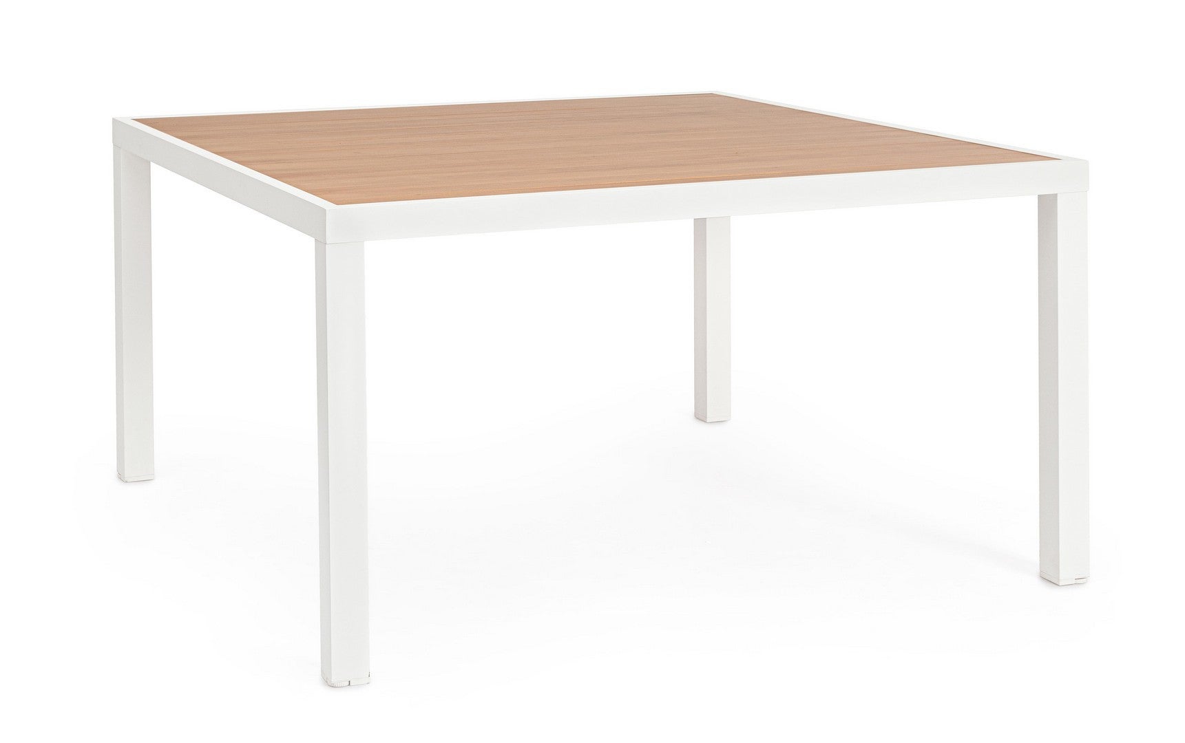 Stół aluminiowy z listwami imitującymi drewno, 136x136 cm, biały, do stosowania wewnątrz i na zewnątrz