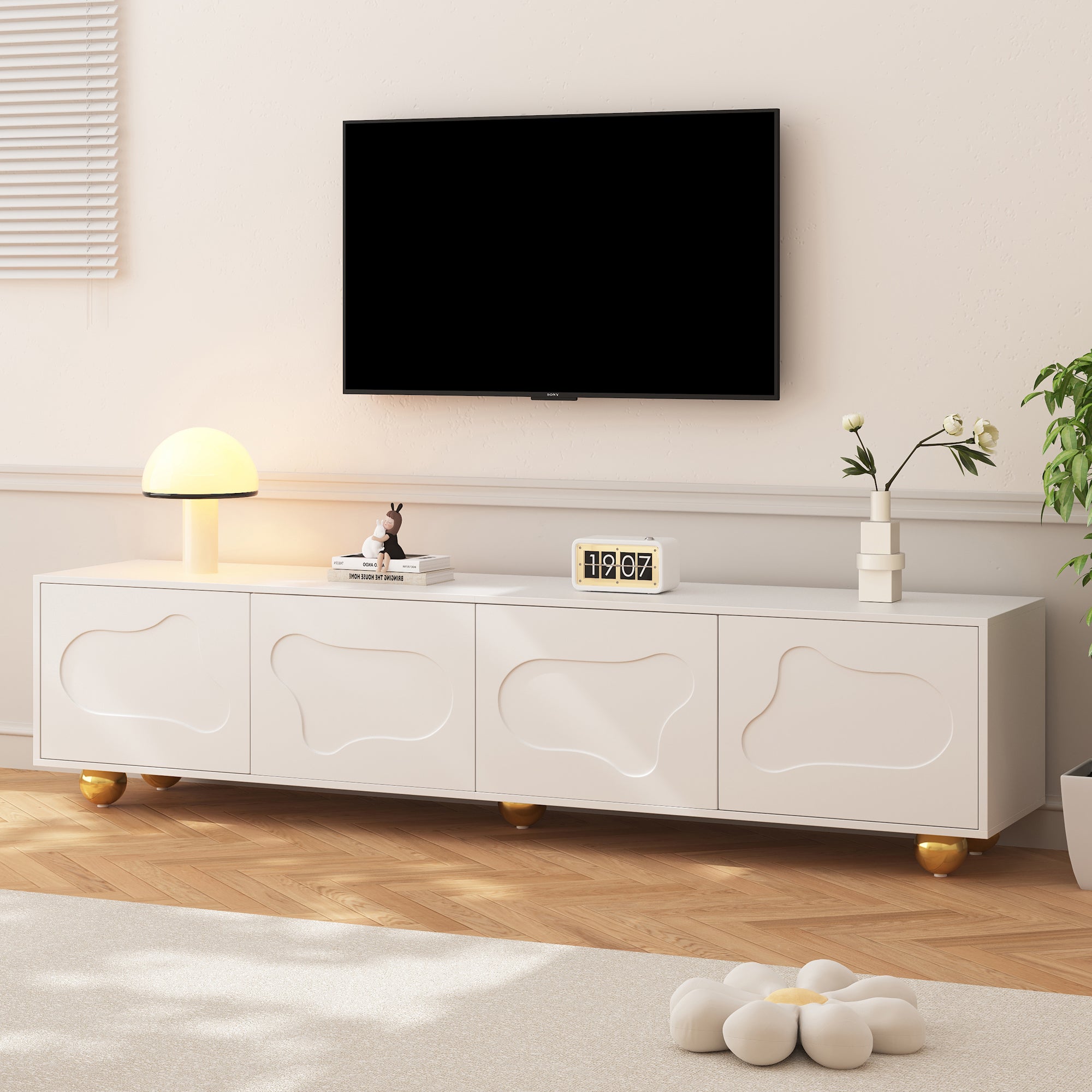 Szafka RTV z 4 drzwiami na telewizor 75 cali - 180 x 40 x 45 cm - Płyta wiórowa - Biała