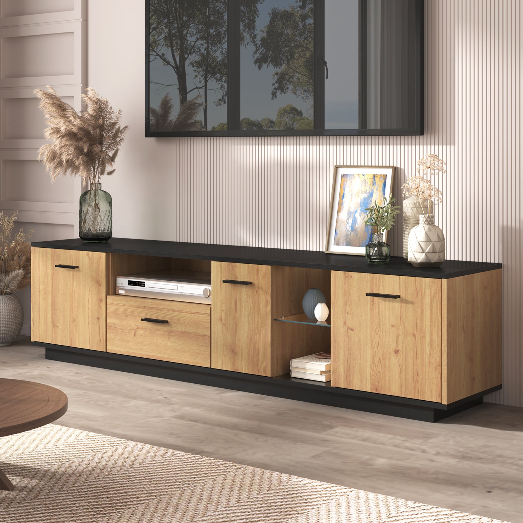 TV-Schrank Lowboard 180x37x45 cm, 3 drzwi, 1 szuflada, 2 szklane półki, czarno-drewniany, MDF, 16 LED