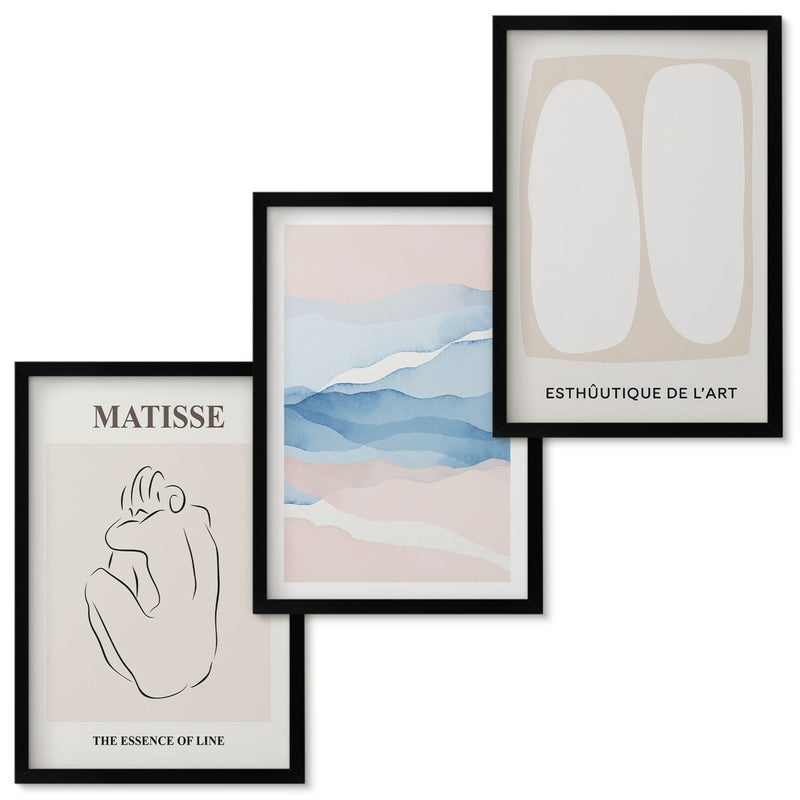 Zestaw obrazów w ramie - 3 części | Abstrakcyjne formy i delikatne kolory Matisse | Czarna ramka