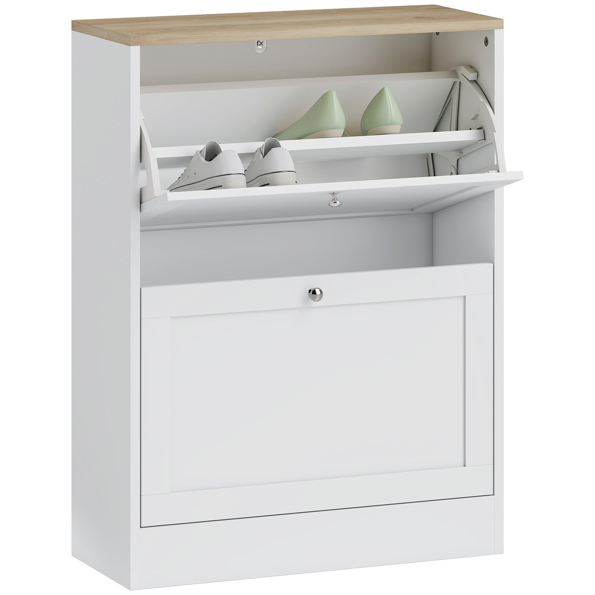 Szafka na buty na 12 par, przedpokój z 2 wysuwanymi szufladami i regulowanymi półkami, 60 x 23,5 x 80 cm, biała