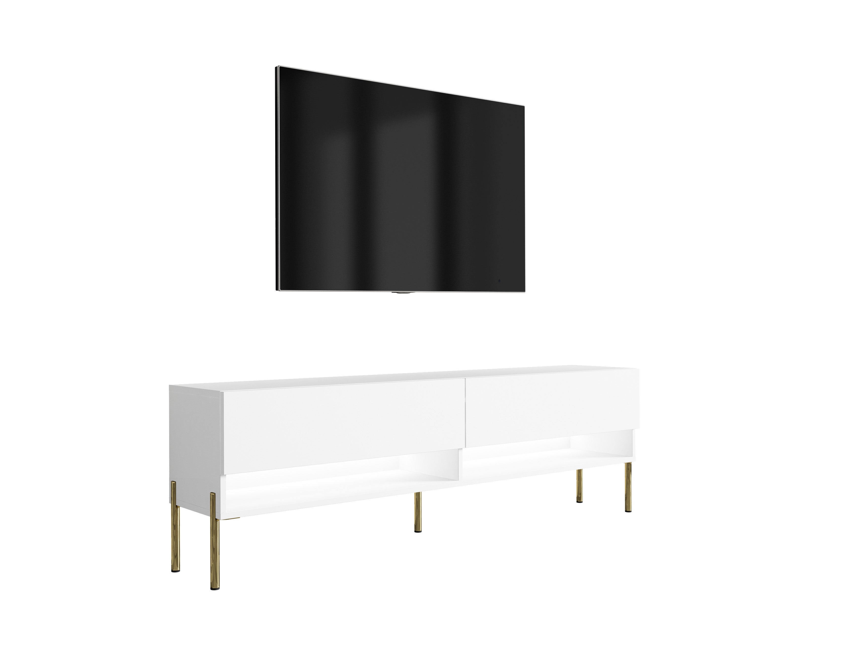 Szafka pod telewizor 170 cm Biały Mat, nóżki proste złote, LED biały, 170 × 32 × 52 cm