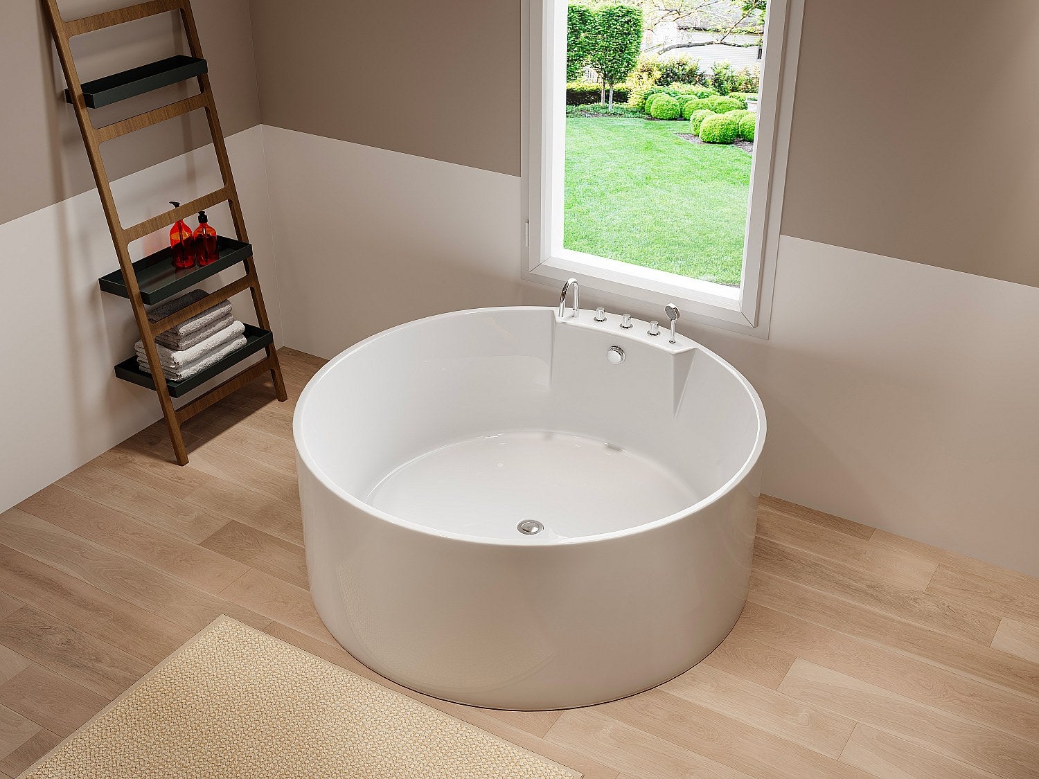 Okrągła wanna wolnostojąca z kranami - 373 L - 150 x 150 x 58 cm - biała - LINDA