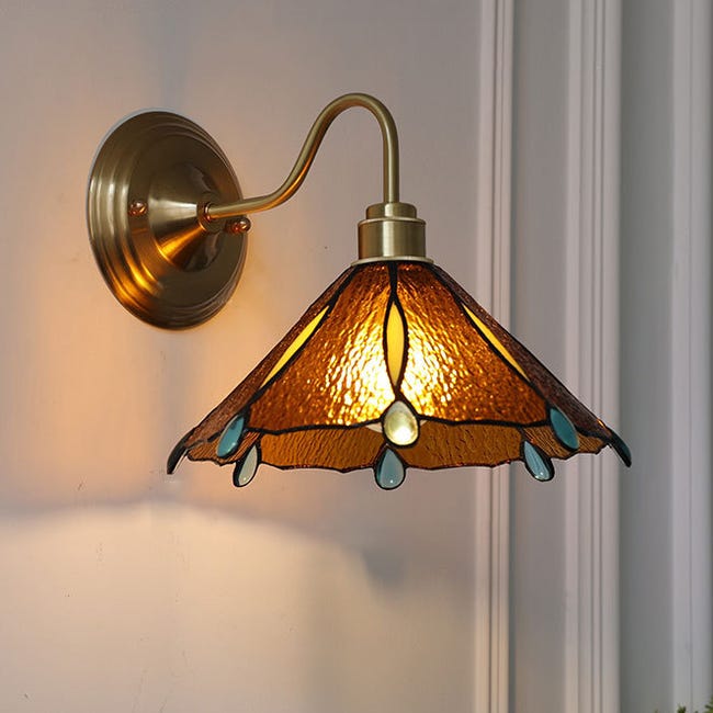 Kinkiet, lampka nocna w stylu retro, mosiężna lampa ścienna ze szklanym kloszem, lampa ścienna (żarówka nie jest dołączona).
