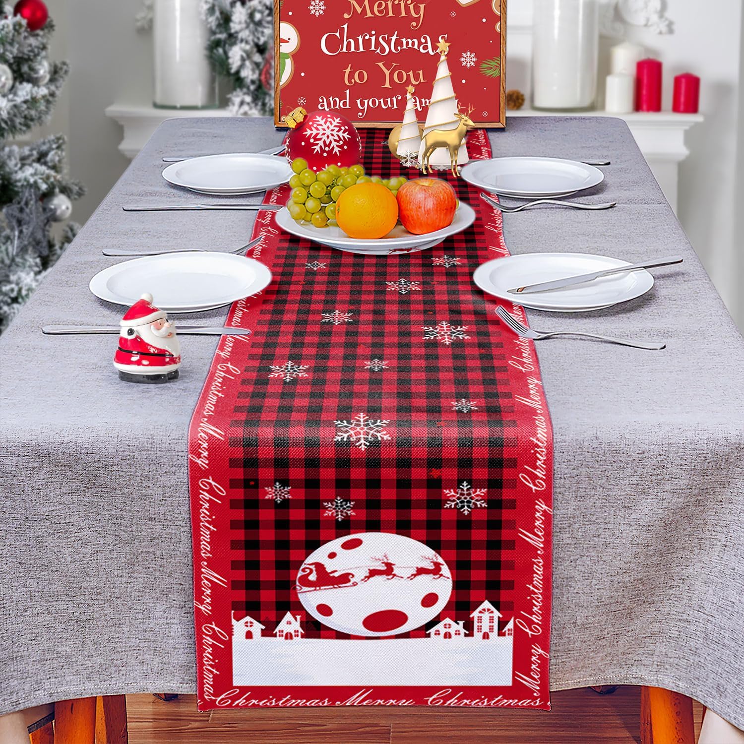 Czerwony bieżnik na stół z lnu i bawełny na Boże Narodzenie Dekoracja z saniami reniferem płatkiem śniegu i motywem Świętego Mikołaja x cm