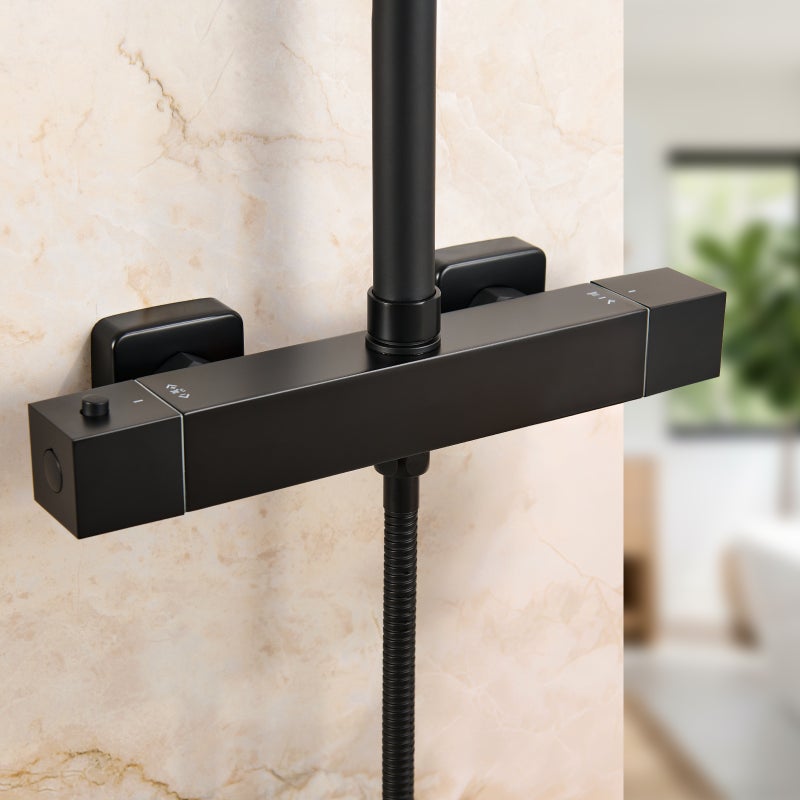 Bateria natryskowa Auralum Max Square, termostatyczna, z 2 wyjściami, wyjściem górnym 1/2" lub 3/4" i wyjściem dolnym 1/2", czarna