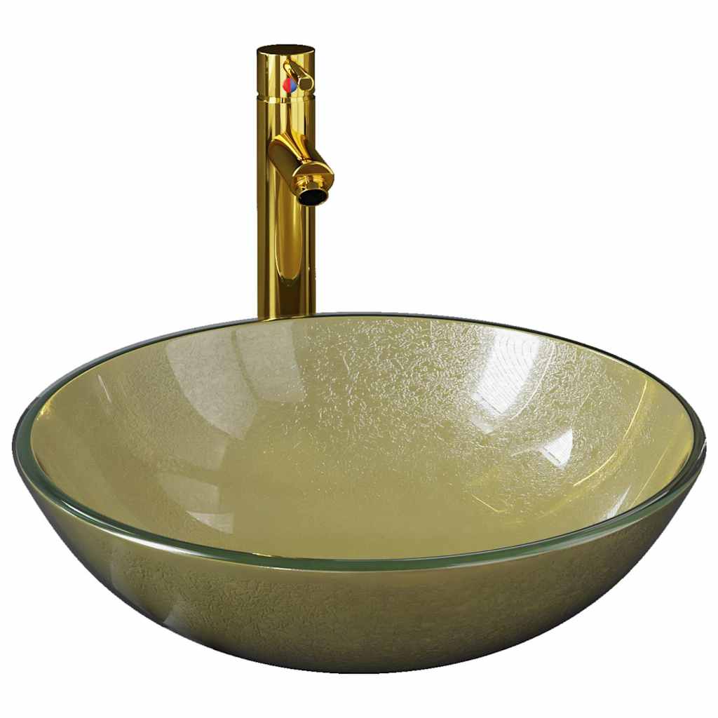 Umywalka Nablatowa ze Szkła Hartowanego Okrągła Złota z Baterią 42 cm