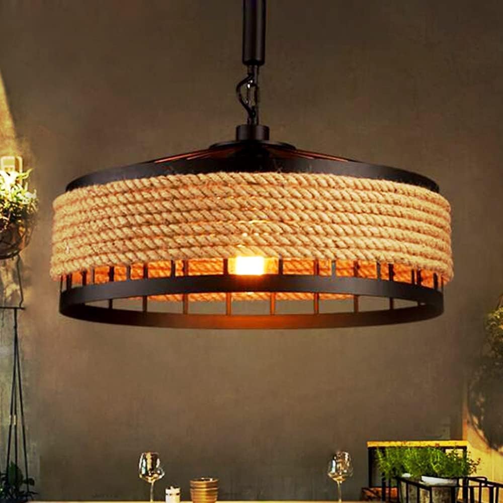 Wottes – Lampa wisząca w stylu retro z żelaza z konopnym sznurkiem, oprawka E27 – Średnica 30 cm – Do salonu, kuchni, baru, kawiarni – Elegancja w sty