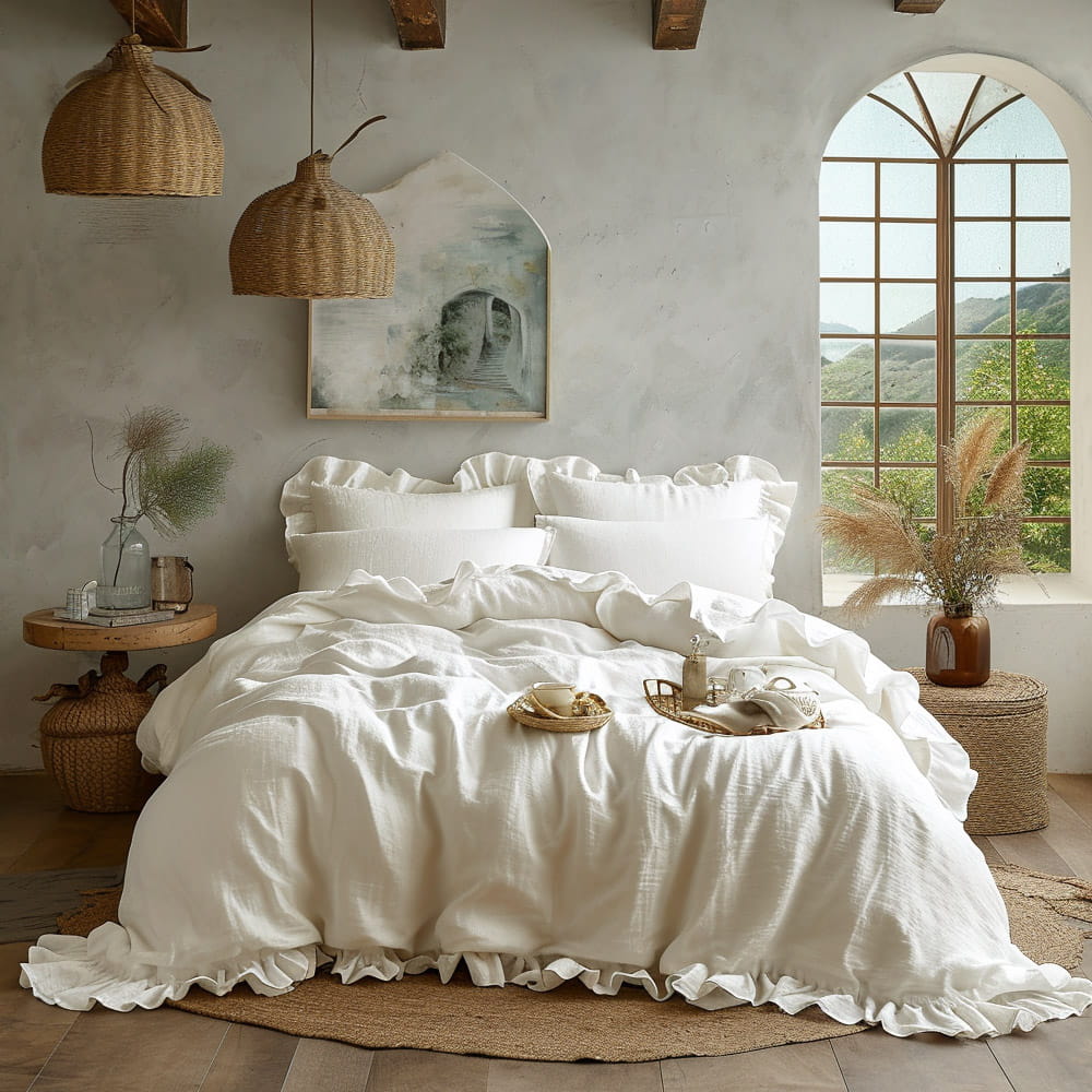 Pościel bawełniana z falbanką 220x200 Stonewashed Exclusive, Snow White, biała - Limasso