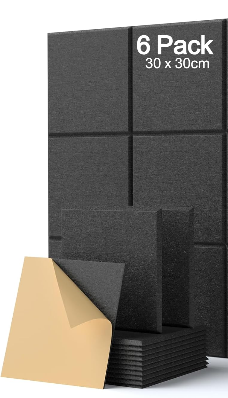 Zestaw 6 samoprzylepnych kwadratowych paneli akustycznych - Absorber hałasu - Wysoka gęstość - 30 x 30 x 0,9 cm