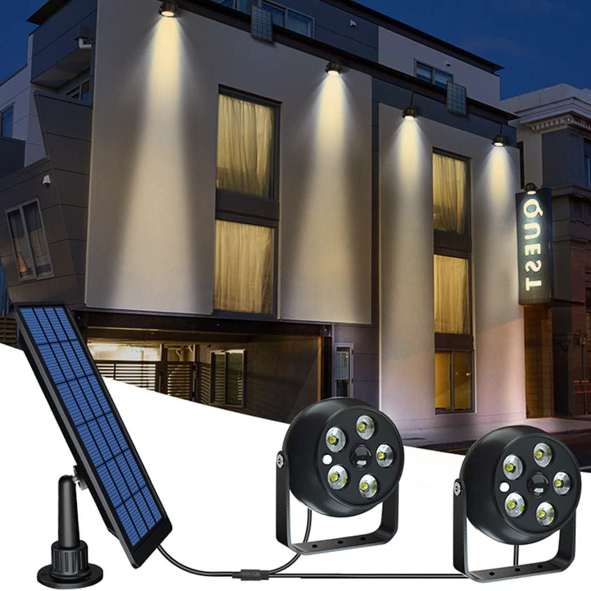Słoneczne reflektory ogrodowe z czujnikiem ruchu, reflektor LED 2 w 1 na energię słoneczną, automatyczne włączanie/wyłączanie z podwójną głowicą