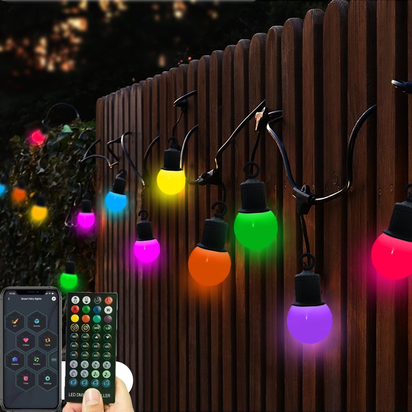 m dekoracyjny zewnętrzny sznur świetlny LED z żarówkami ściemnialny RGB pilot APP timer odpowiedni na Boże Narodzenie dziedzińce i ogrody