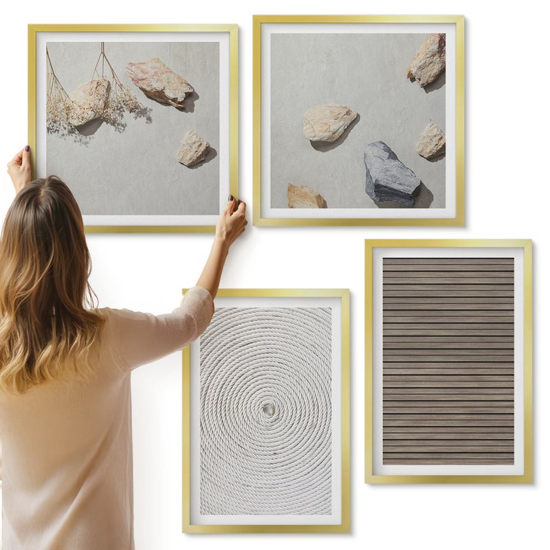 Galeria ścienna 4-częściowy komplet obrazów w złotych ramach - Naturalne tekstury drewno kamienie sznur - ArtPrintCave