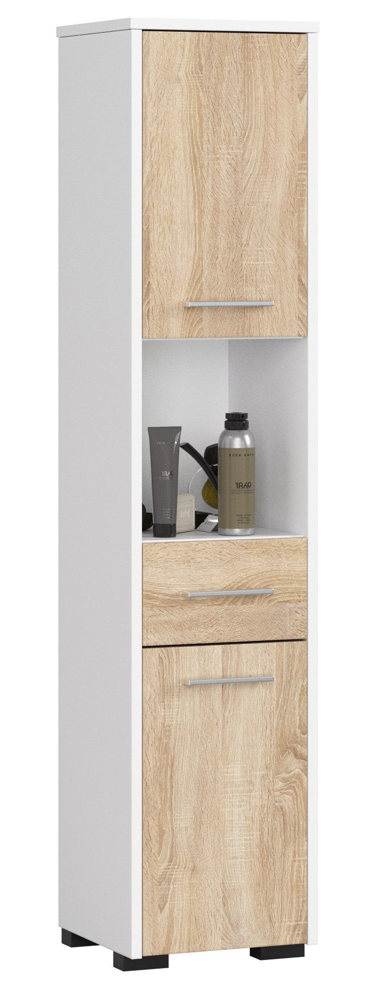 Słupek łazienkowy AKORD FIN Biały 30 cm 2 drzwi 1 szuflada kolor Dąb Sonoma mat 5 półek 30x30x140 cm