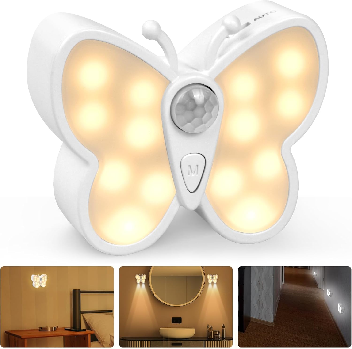 Lampa z czujnikiem ruchu, lampa z czujnikiem ruchu w kształcie motyla, akumulatorowa lampka nocna LED z 3 trybami świecenia, magnetyczna lampa ścienna