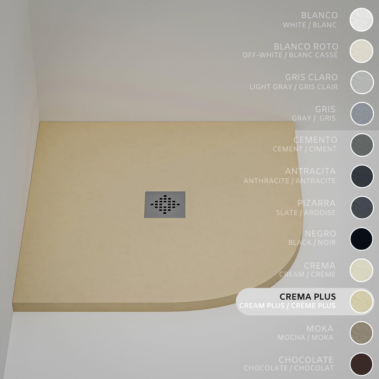 Brodzik półokrągły SOULHOME Żywica i Konglomerat Mineralny Antypoślizgowy 90x90 cm Intensywny Krem - Kratka Inox